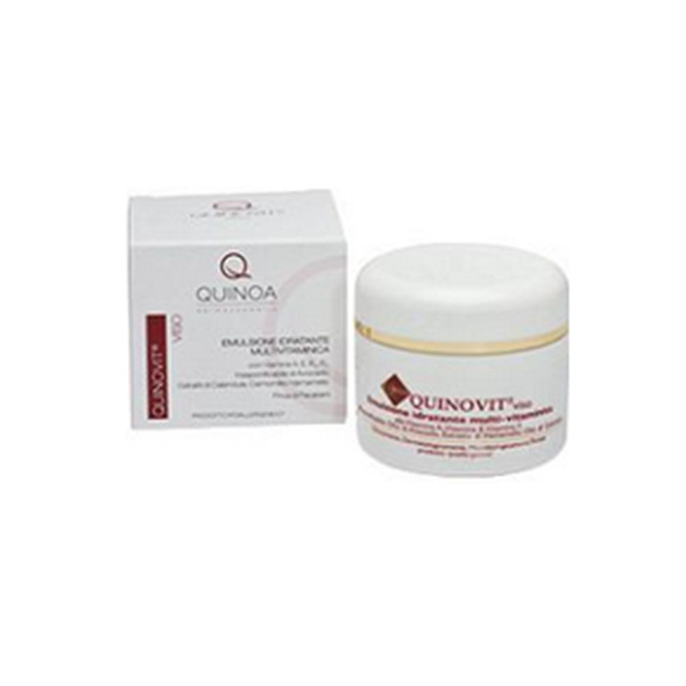 Vaso e scatola bianchi. Scritta: Quinovit Emulsione Idratante Multivitaminica Viso. Marchio: Quinoa.