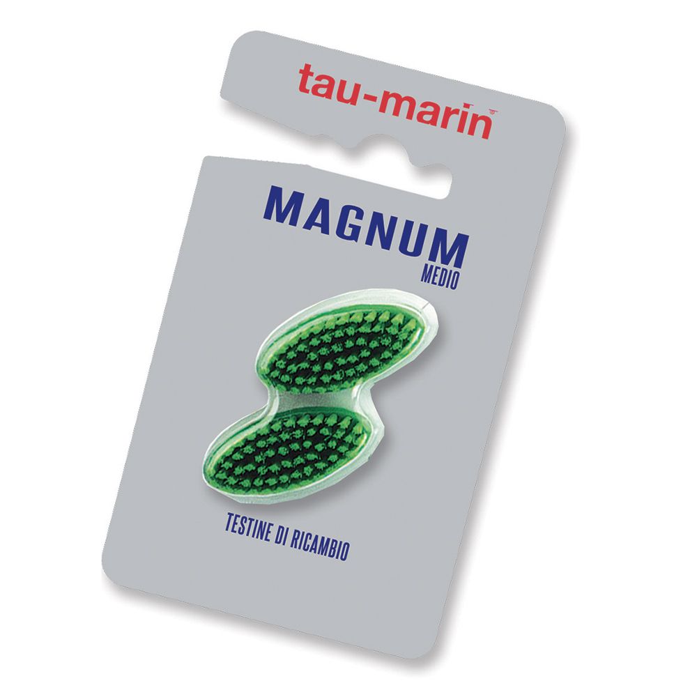 Due testine verdi in blister. Scritta: Tau-marin, Magnum Medio, Testine di Ricambio.