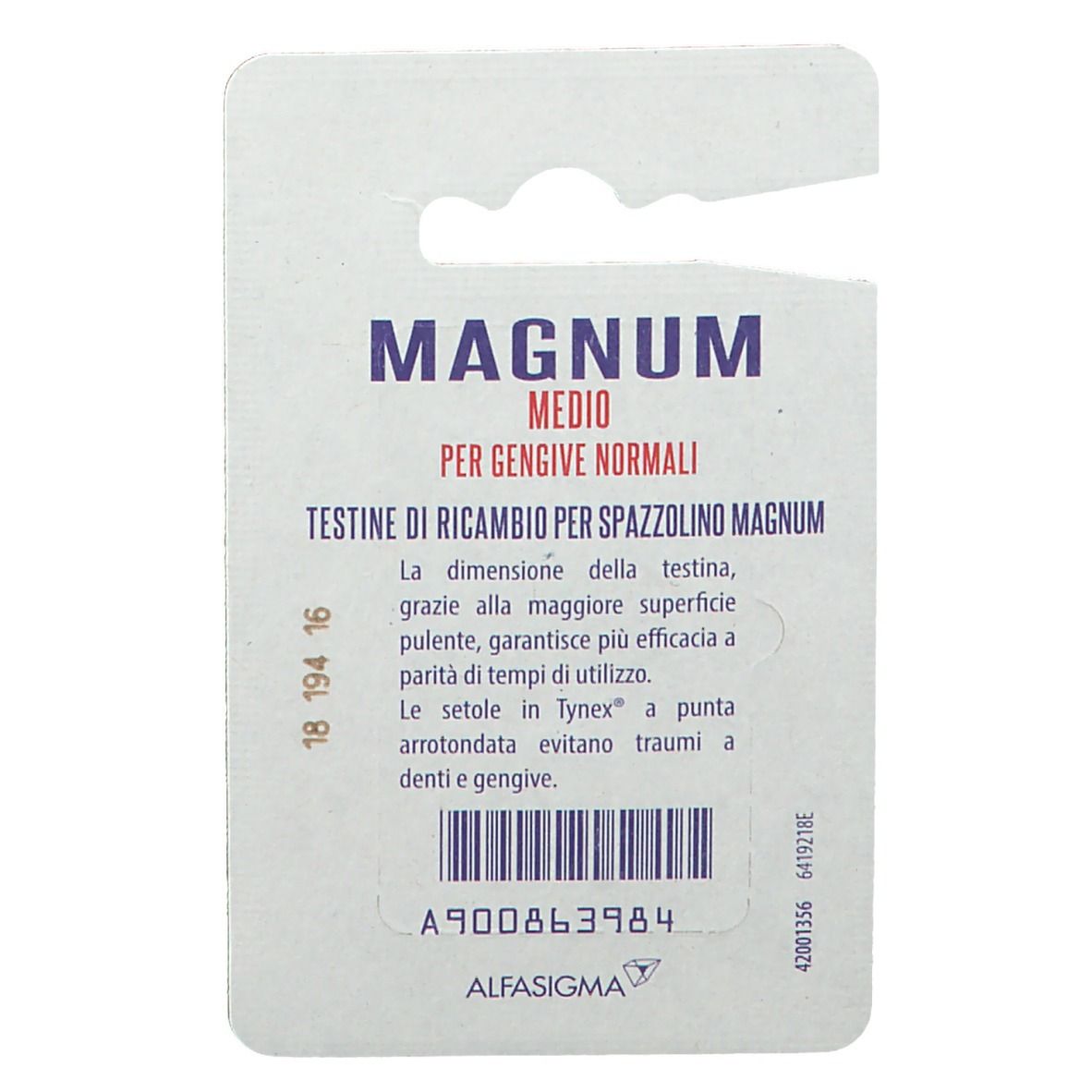 Retro confezione con testo: Magnum Medio, Testine di Ricambio, Per gengive normali. Codice a barre e logo.