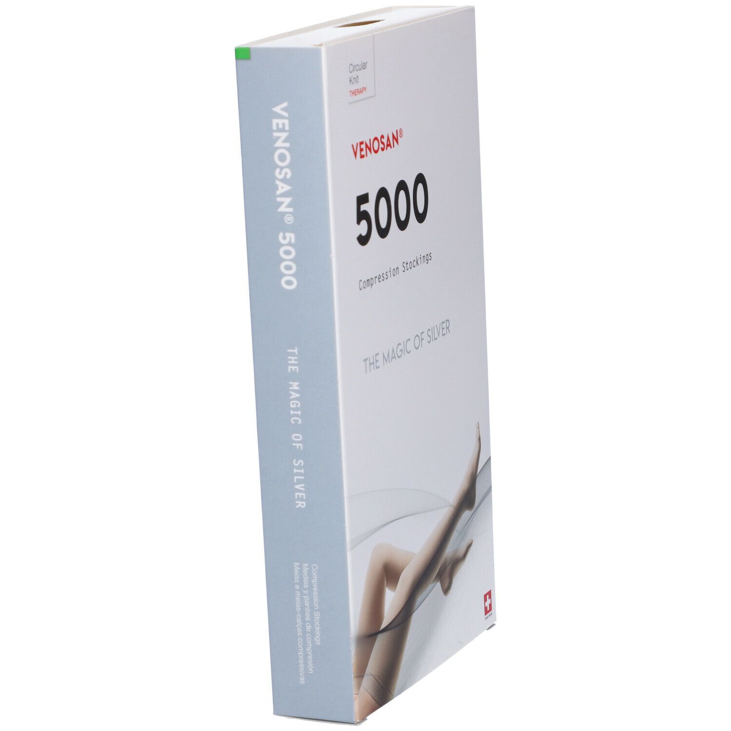 Confezione di calze a compressione Venosan 5000. Testo: Venosan 5000, The Magic of Silver. Croce svizzera. Immagine del prodotto.