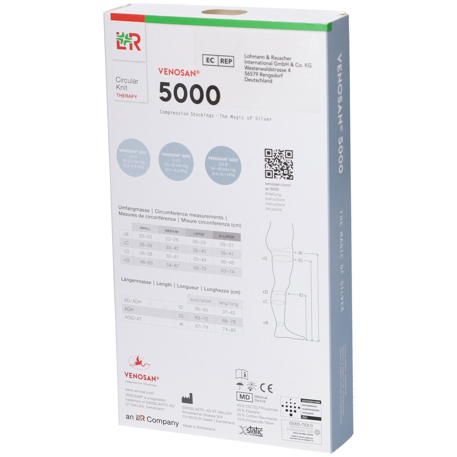 Confezione di calze a compressione Venosan 5000, retro. Testo e tabella taglie. Loghi: LR, EC REP, MD, CE. Croce svizzera.