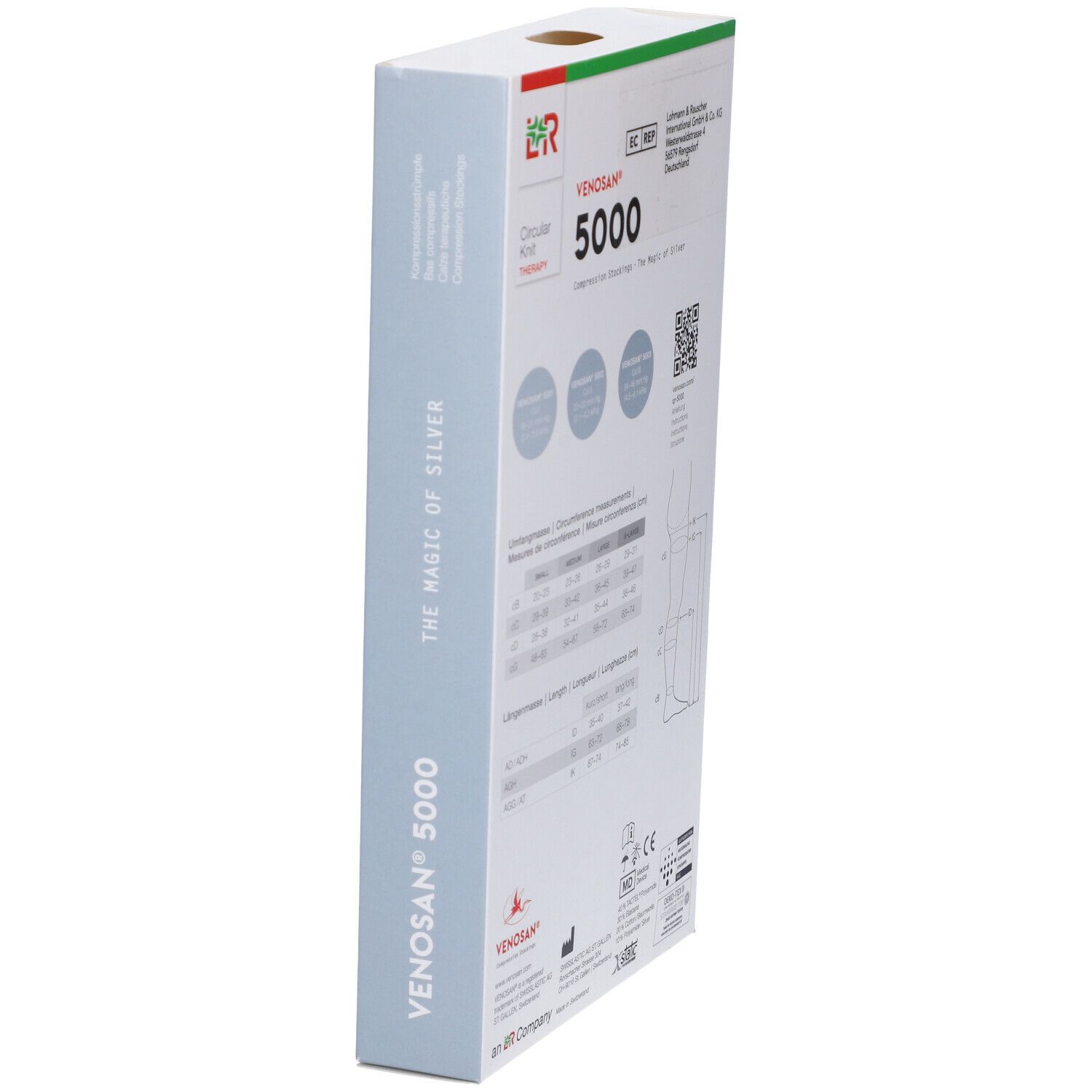 Confezione di calze a compressione Venosan 5000, retro. Testo e tabella taglie. Loghi: LR, EC REP, MD, CE. Croce svizzera.