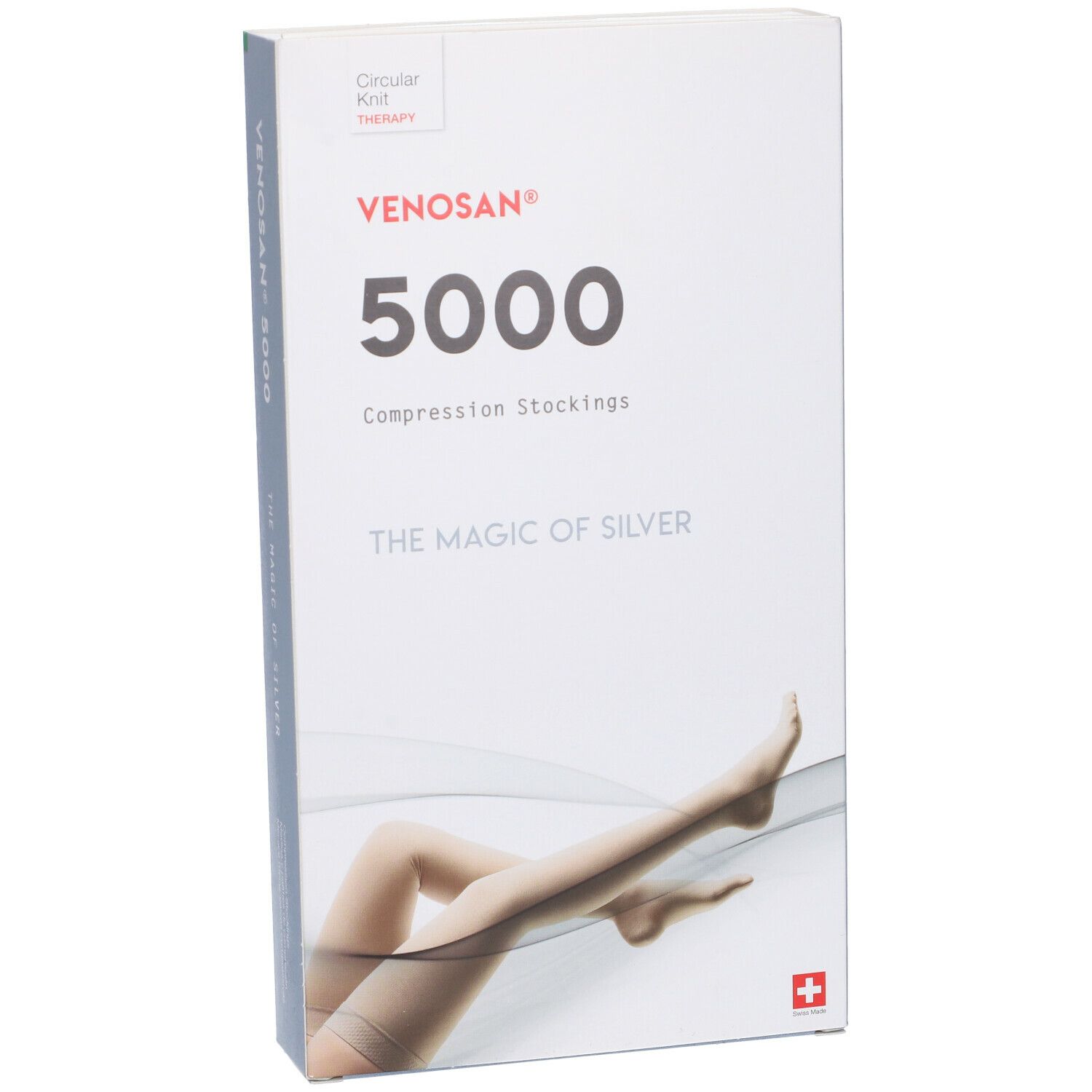 Confezione di calze a compressione Venosan 5000. Testo: Venosan 5000, The Magic of Silver. Croce svizzera. Immagine del prodotto.