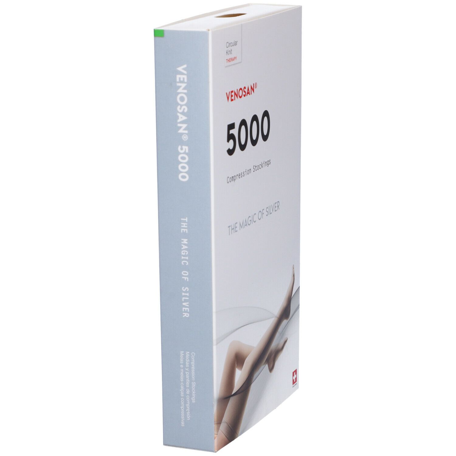 Confezione Venosan 5000. Scatola bianca con nome del prodotto, gambe e slogan 'The Magic of Silver'.