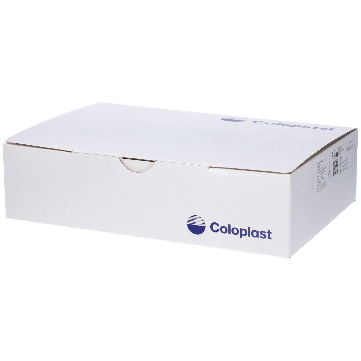 Weiße Produktverpackung mit Coloplast-Logo. Die Box ist rechteckig und geschlossen.