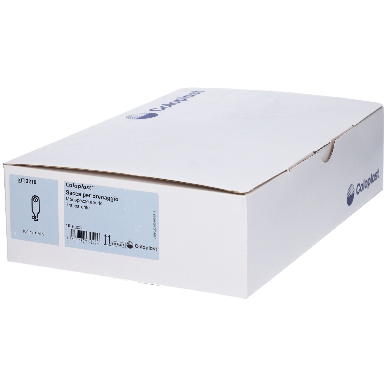Weiße Produktverpackung mit Coloplast-Logo und Produktinformationen. Die Box ist rechteckig und geschlossen.
