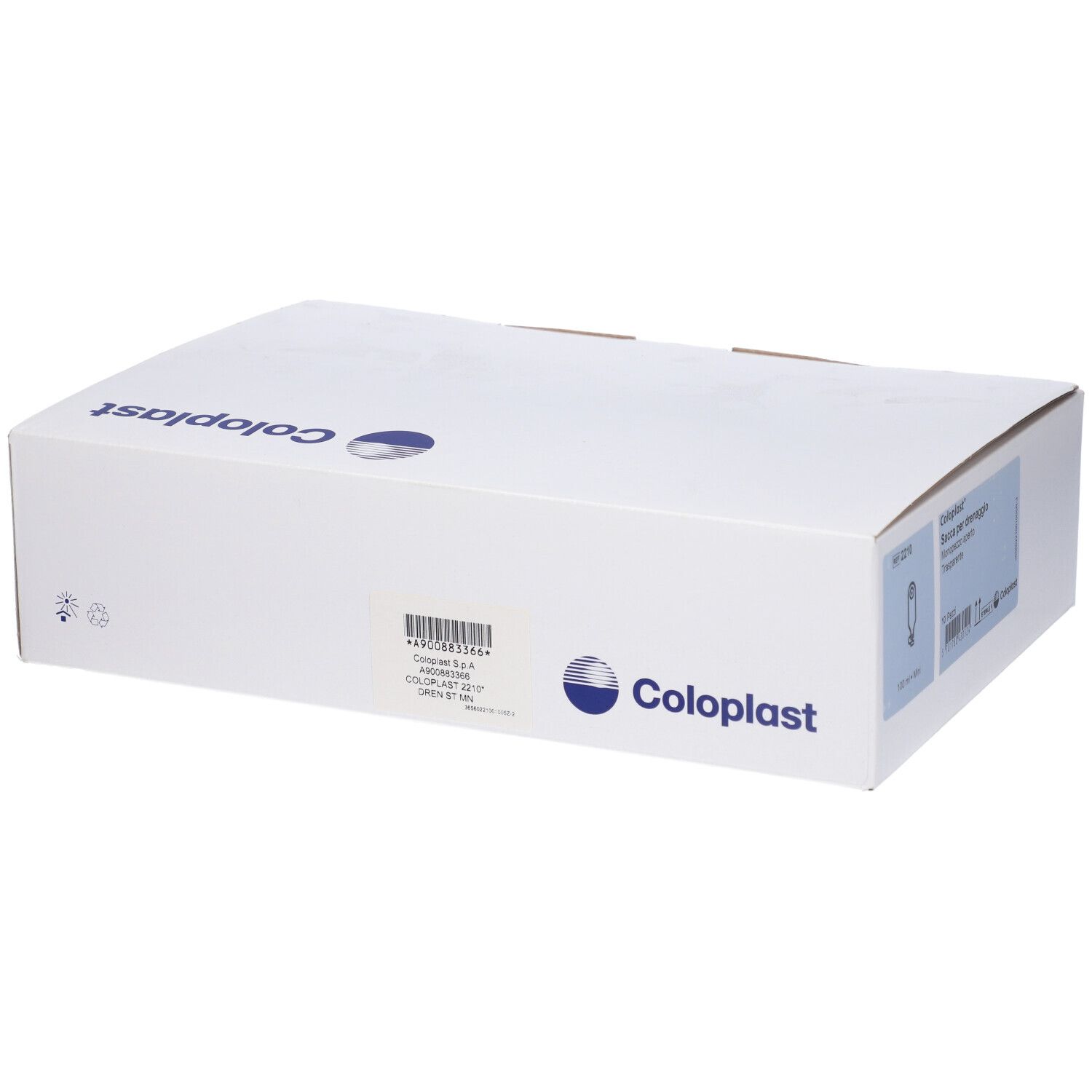Weiße Produktverpackung mit Coloplast-Logo und Produktinformationen. Die Box ist rechteckig und geschlossen.