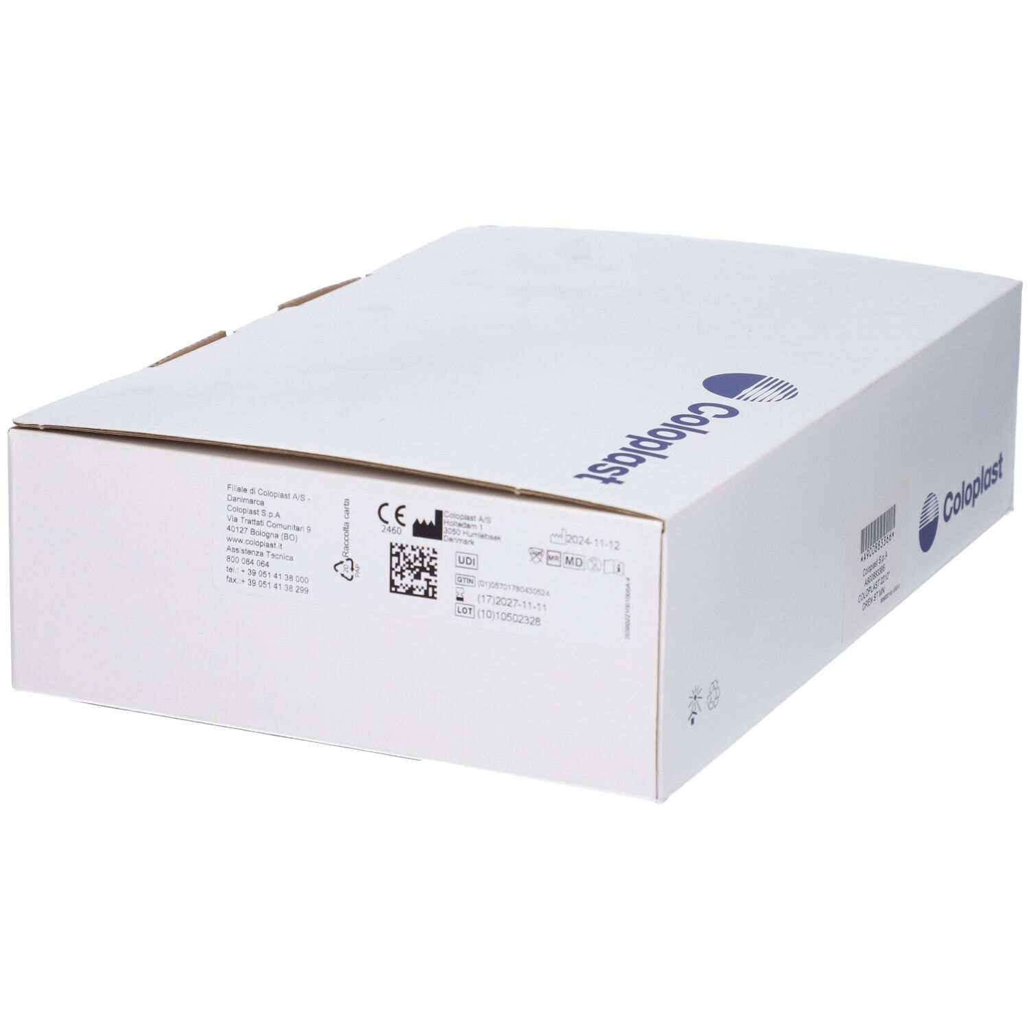 Weiße Produktverpackung mit Coloplast-Logo und Produktinformationen. Die Box ist rechteckig und geschlossen.