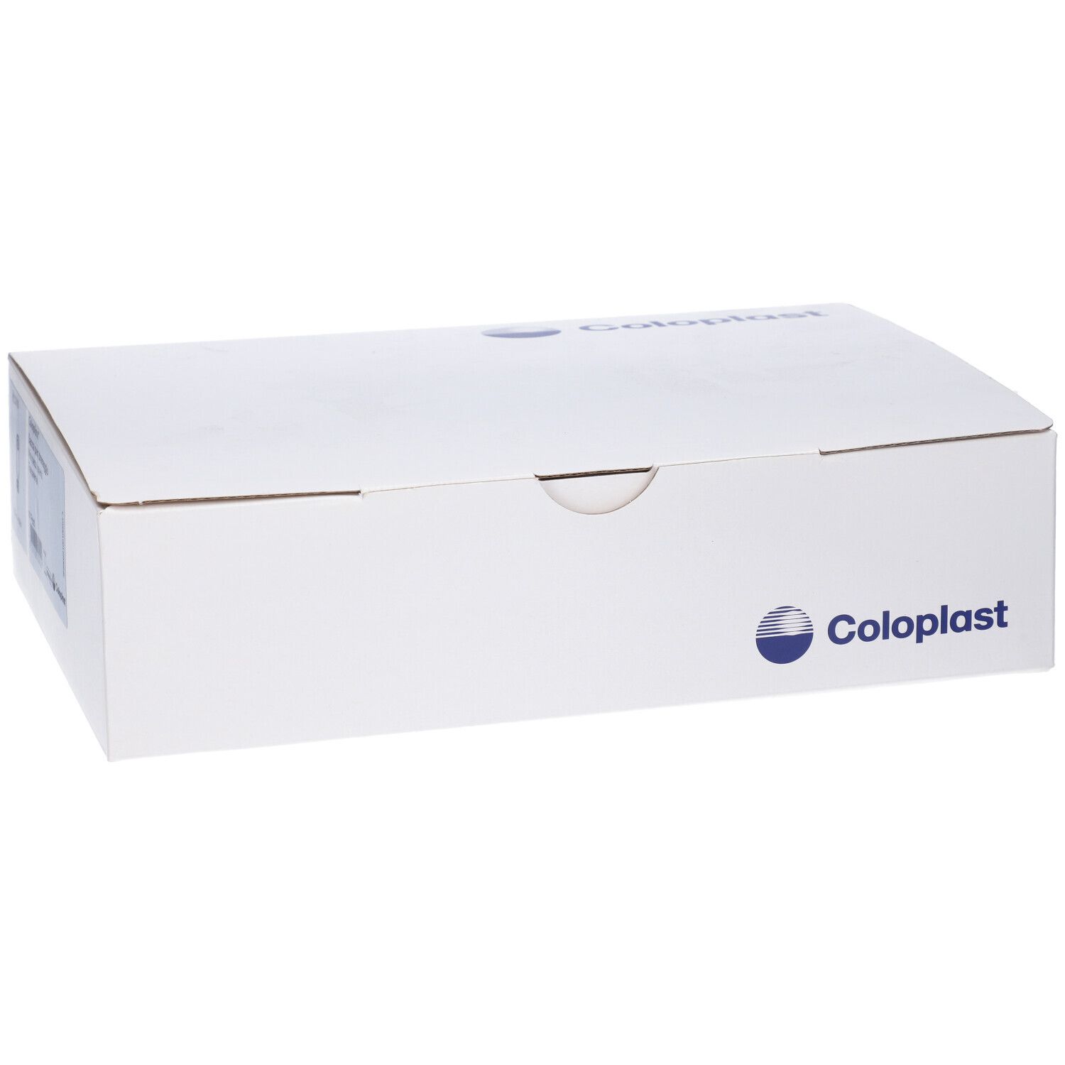 Weiße Produktverpackung mit Coloplast-Logo und Produktinformationen. Die Box ist rechteckig und geschlossen.