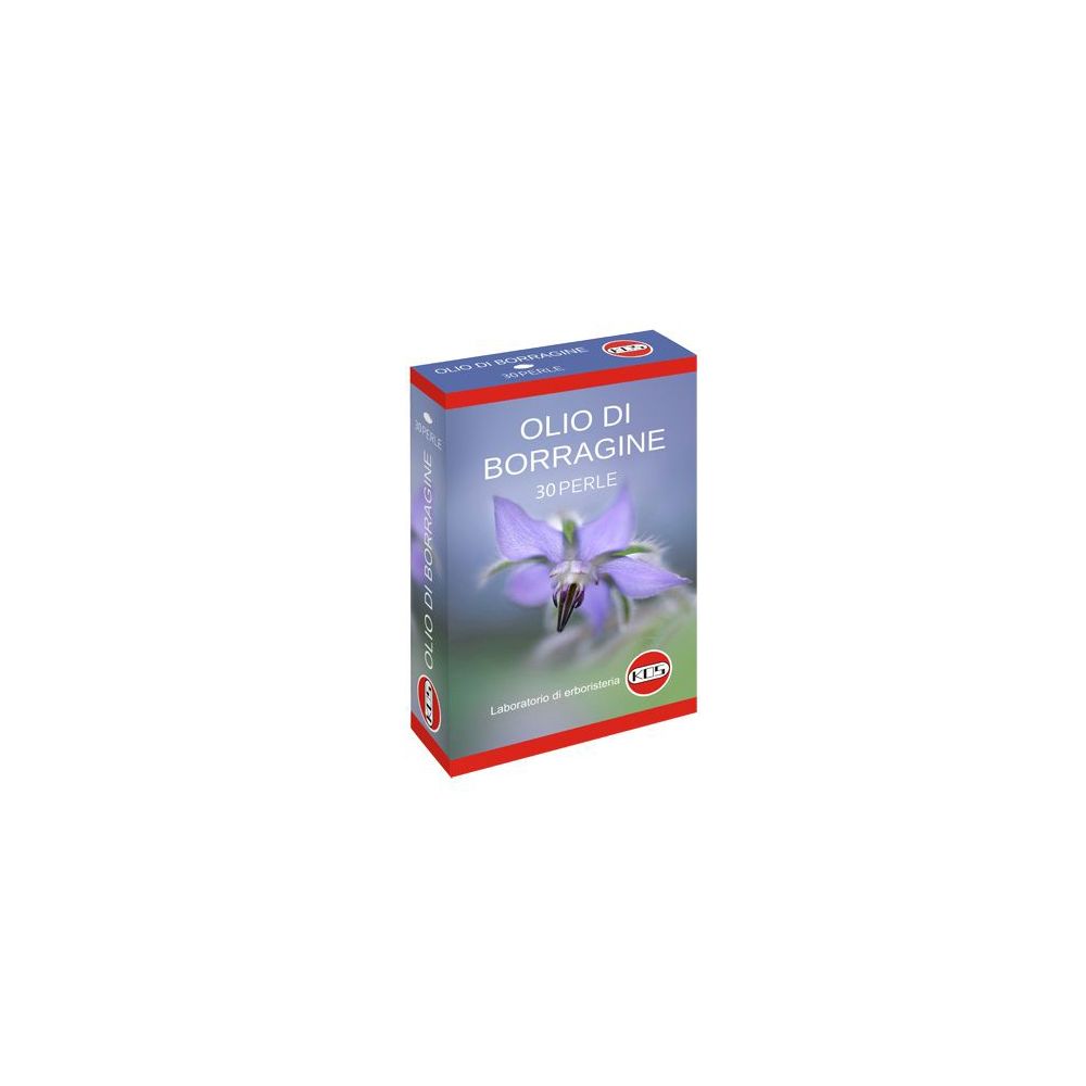 Confezione KOS Borragine Perle. Scatola blu con nome prodotto e fiore. Dettagli rossi.