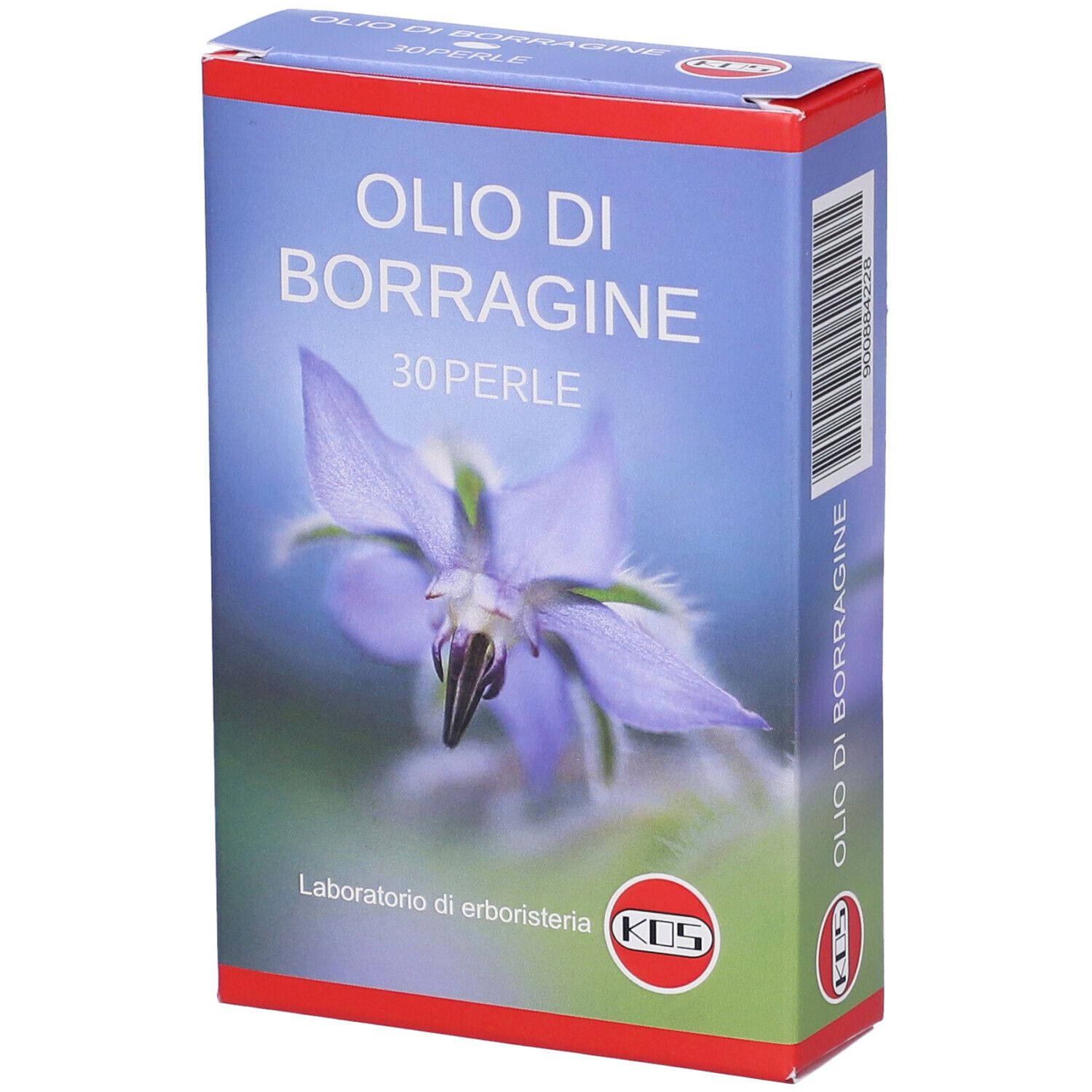 Confezione KOS Borragine Perle. Blu, nome prodotto, 30 perle e fiore.