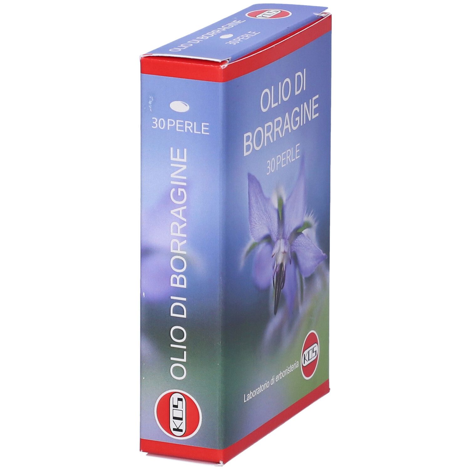 Confezione KOS Borragine Perle. Blu, nome prodotto, 30 perle e fiore.