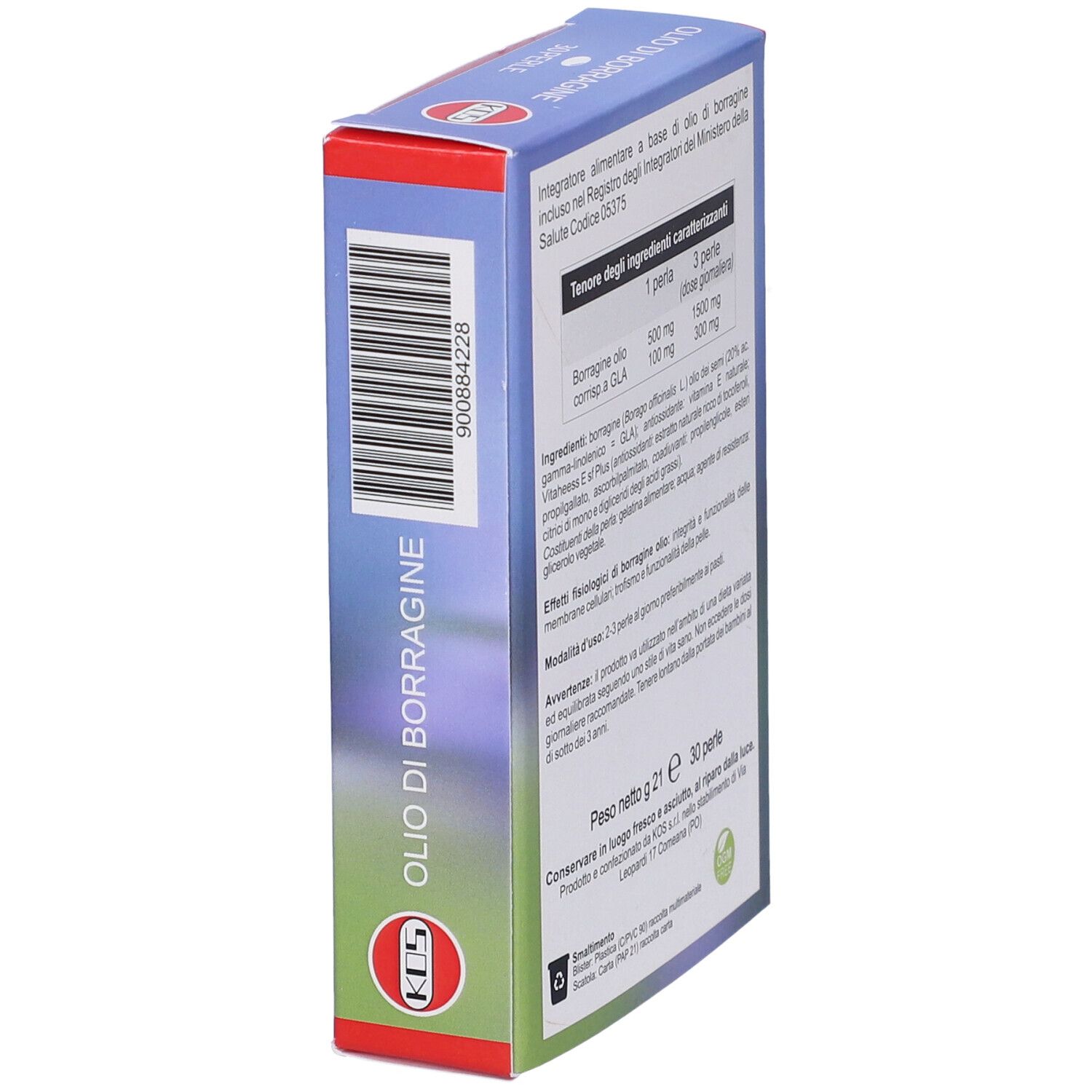 Lato confezione KOS Borragine Perle. Codice a barre e ingredienti.