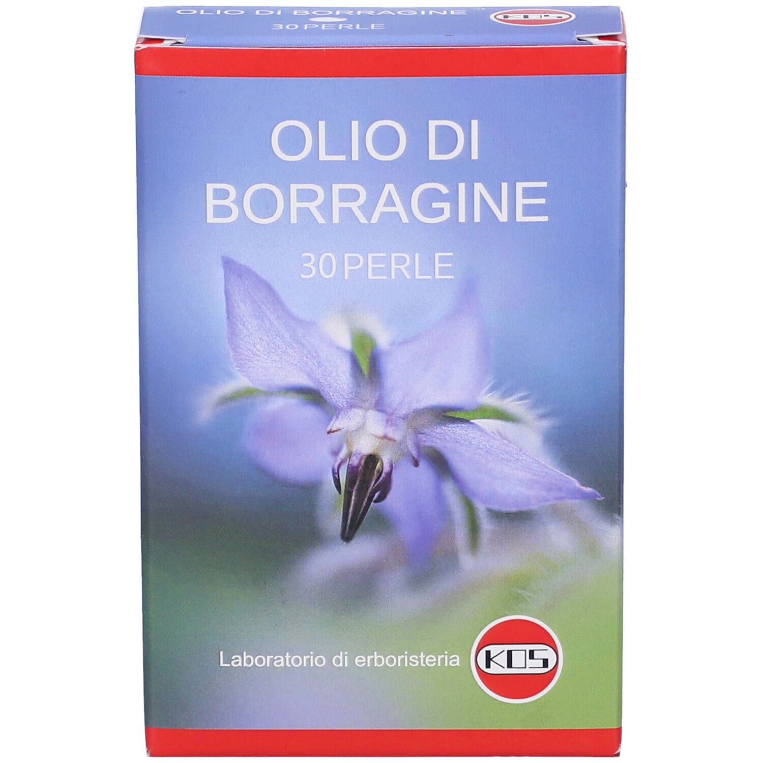 Confezione KOS Borragine Perle. Blu, nome prodotto, 30 perle e fiore.