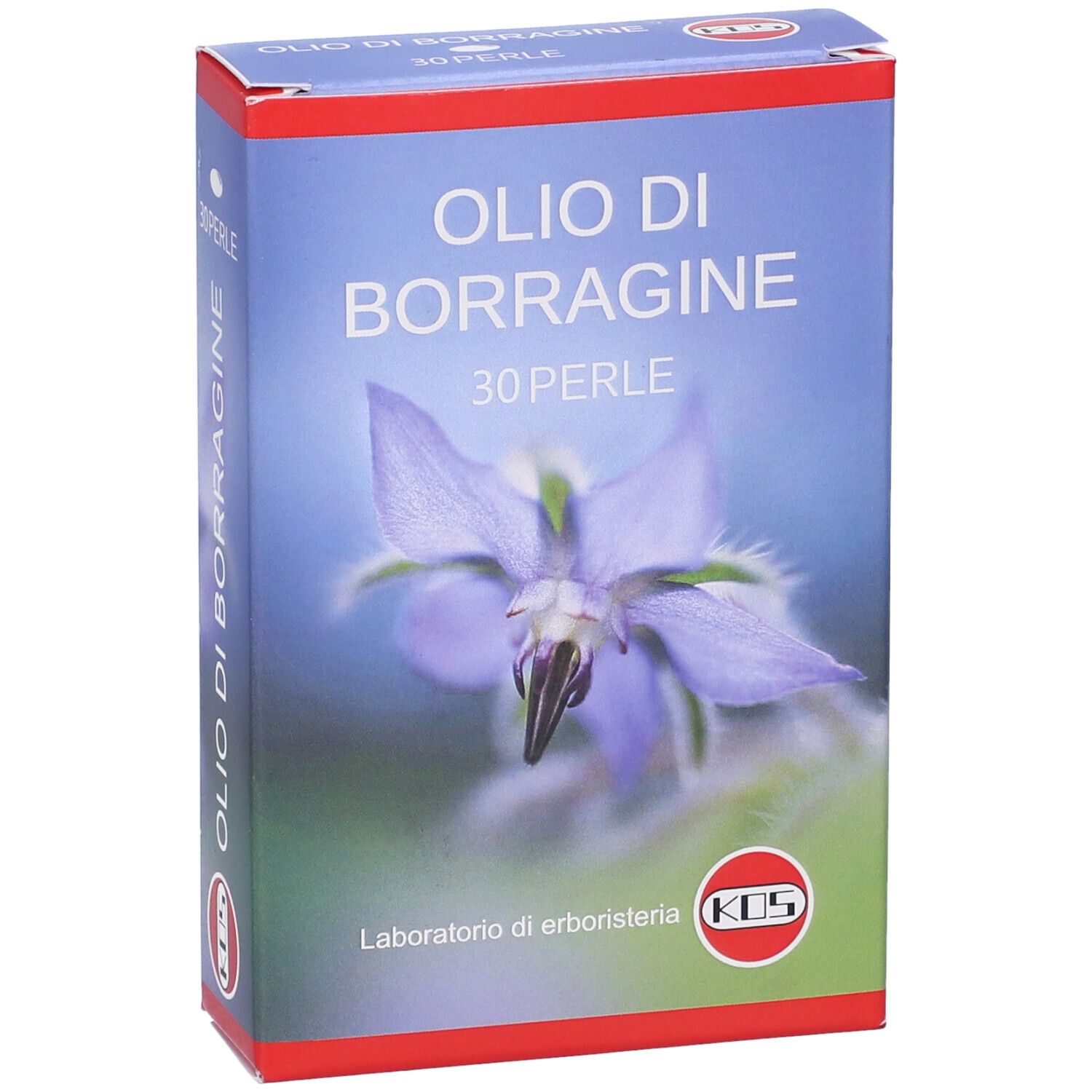 Confezione KOS Borragine Perle. Blu, nome prodotto, 30 perle e fiore.