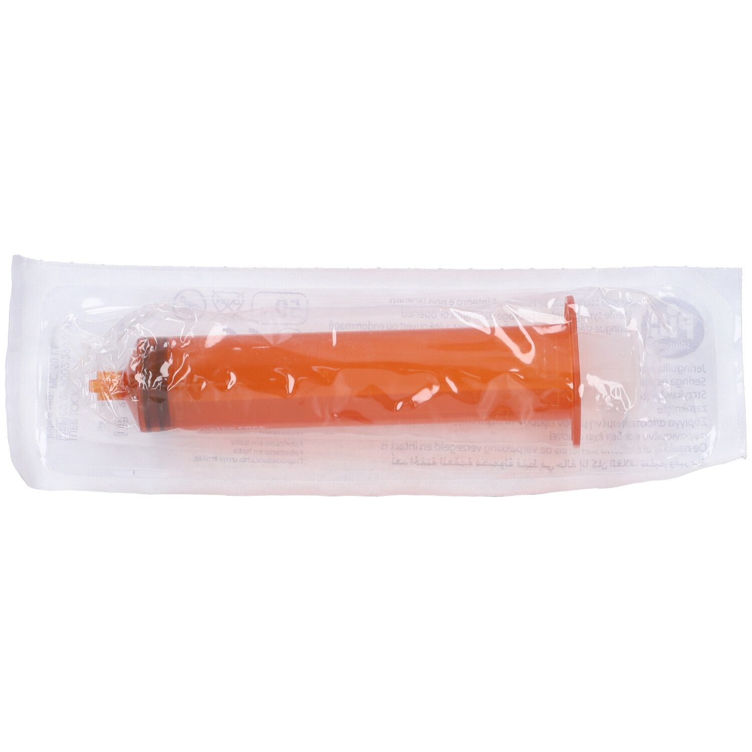 Siringa in confezione trasparente. Cilindro arancione. Attacco Luer-Lock.