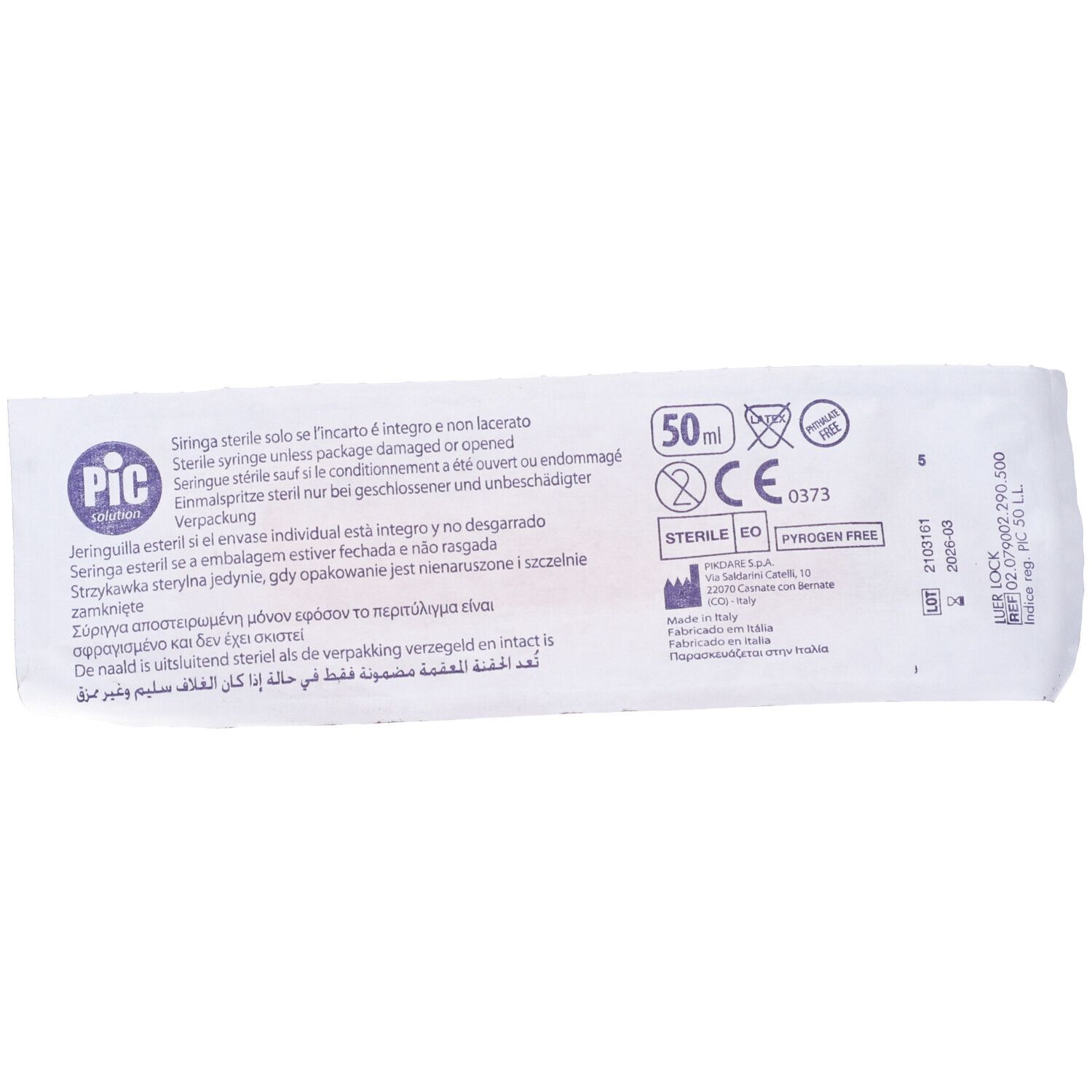 Confezione di siringa. Testo e loghi. 50 ml. Sterile. Luer-Lock. Apirogeno.