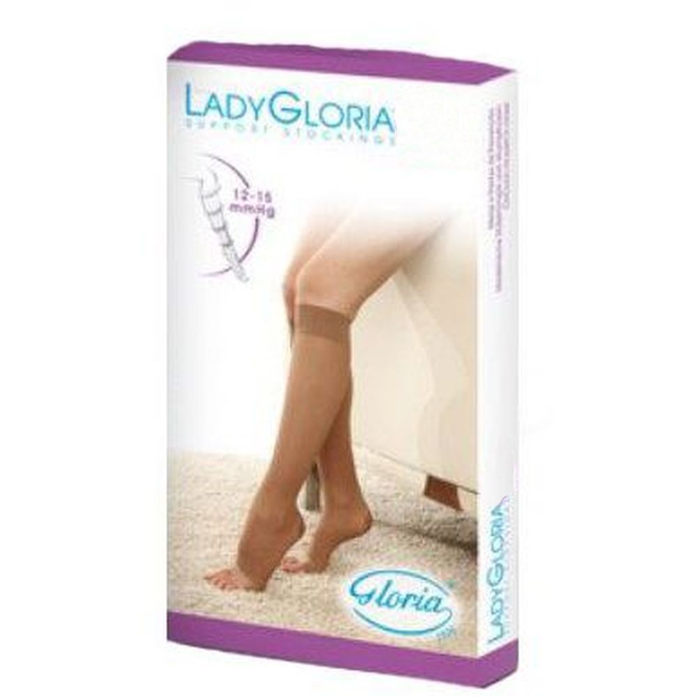 Confezione di calze a compressione Ladygloria. Sulla confezione, il marchio e l'illustrazione di gambe con calze. Colore Sahara.