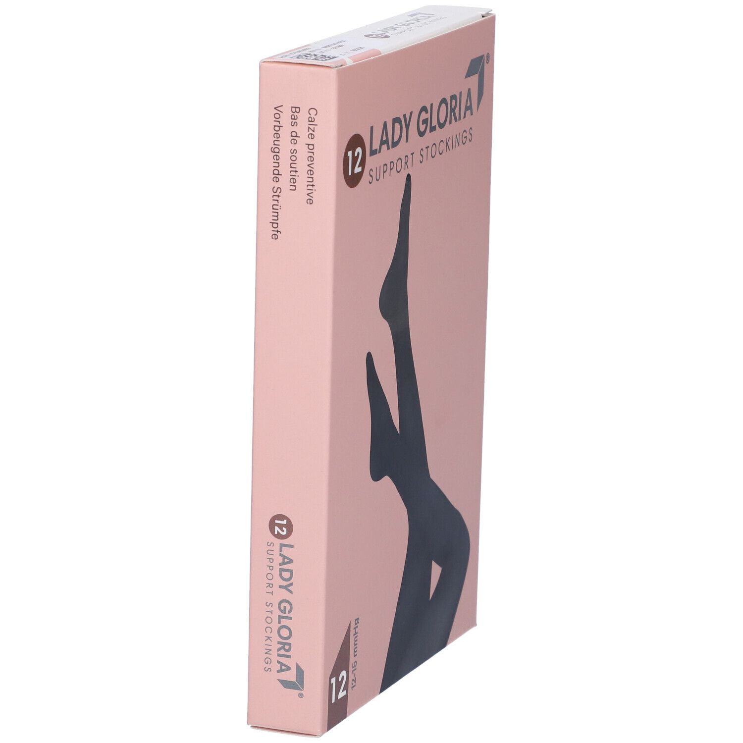Rosa Verpackung, Seite mit Text: Calze preventive, Vorbeugende Strümpfe. Aufschrift: Lady Gloria Support Stockings. 12 Strümpfe.