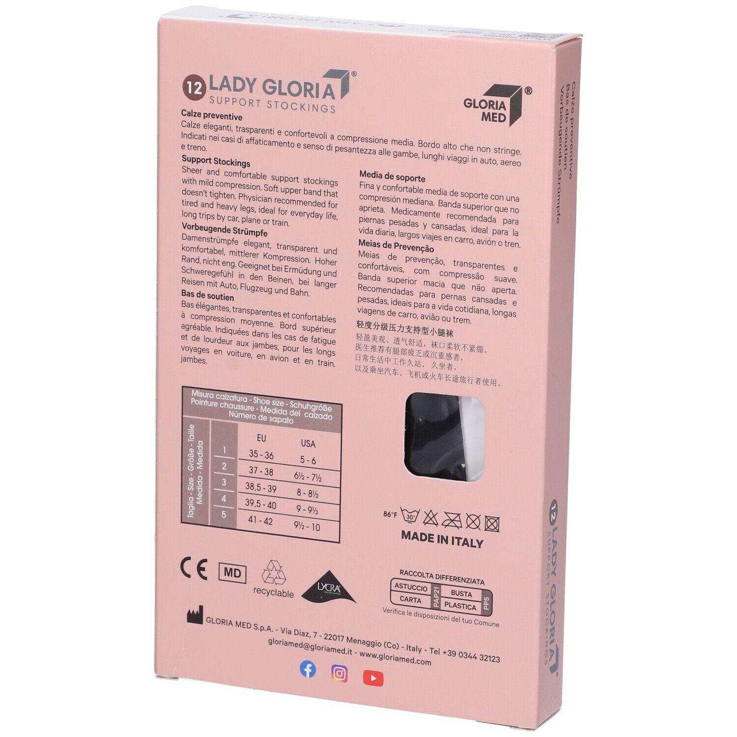 Rückseite der rosa Verpackung. Text in mehreren Sprachen. Größenangaben. Aufschrift: Gloria Med. CE-Kennzeichnung. Recycelbar.