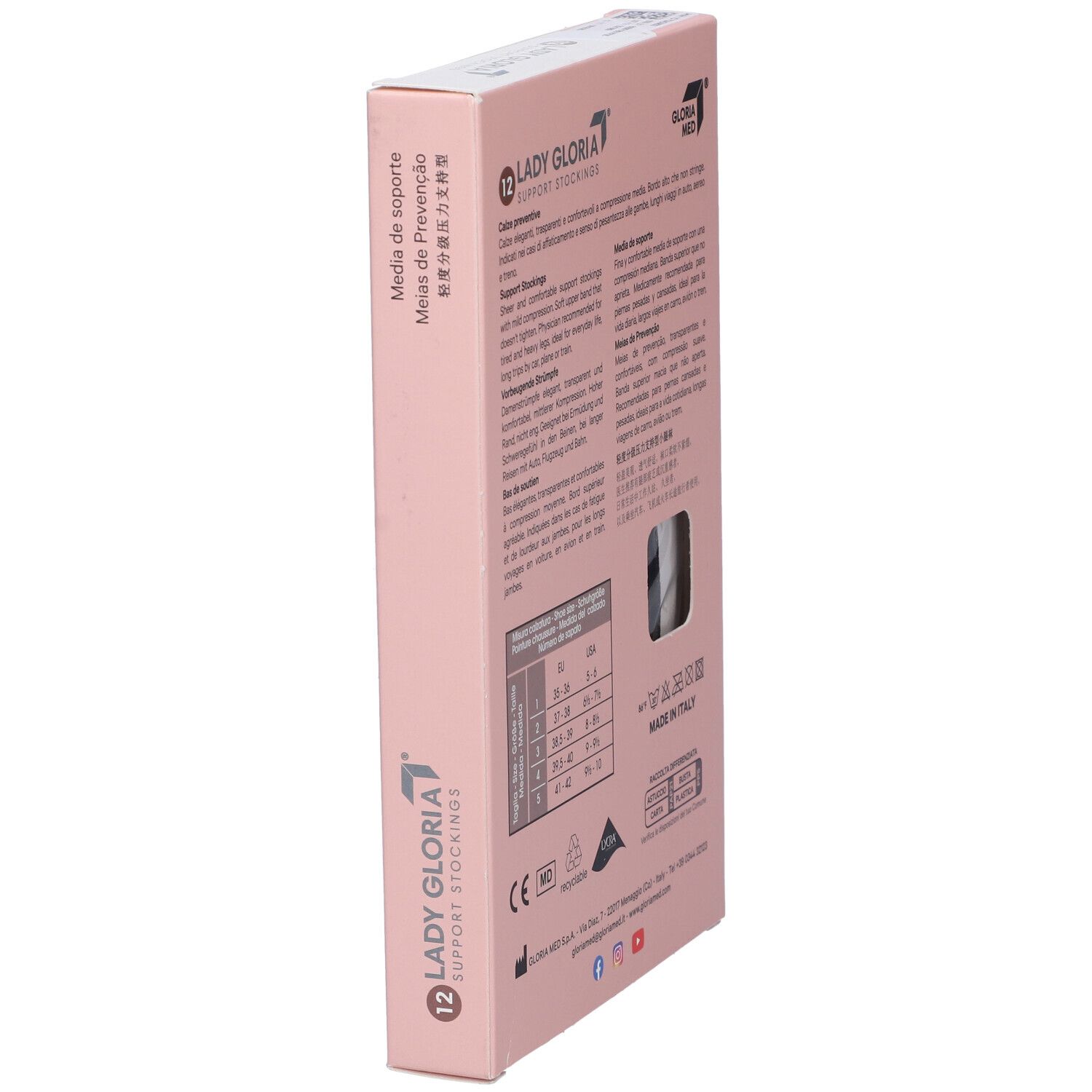 Seite der rosa Verpackung. Text in mehreren Sprachen. Größenangaben. Aufschrift: Lady Gloria Support Stockings. Made in Italy.