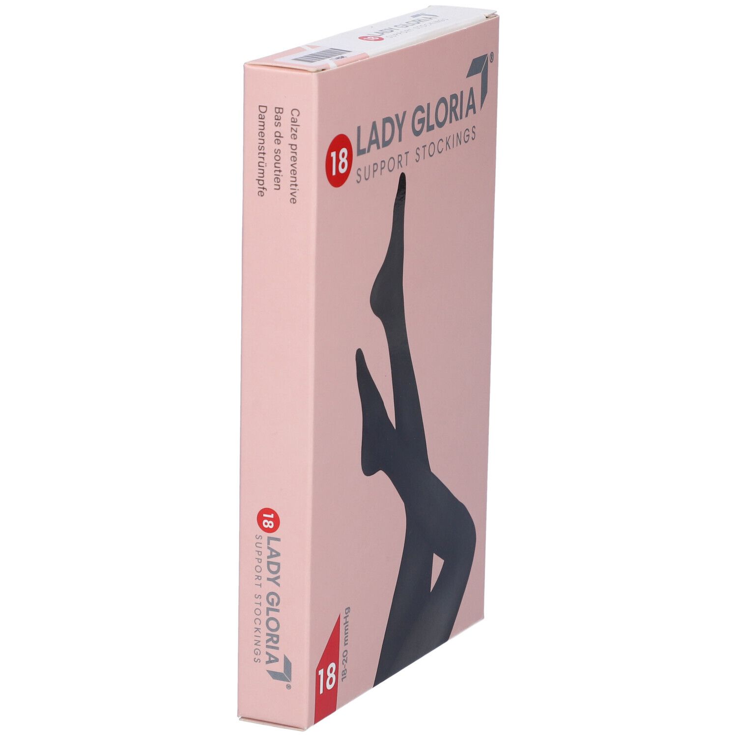 Ladygloria-Stützstrümpfe in Verpackung. Schwarze Strümpfe auf rosa Hintergrund. Aufdruck: 18.