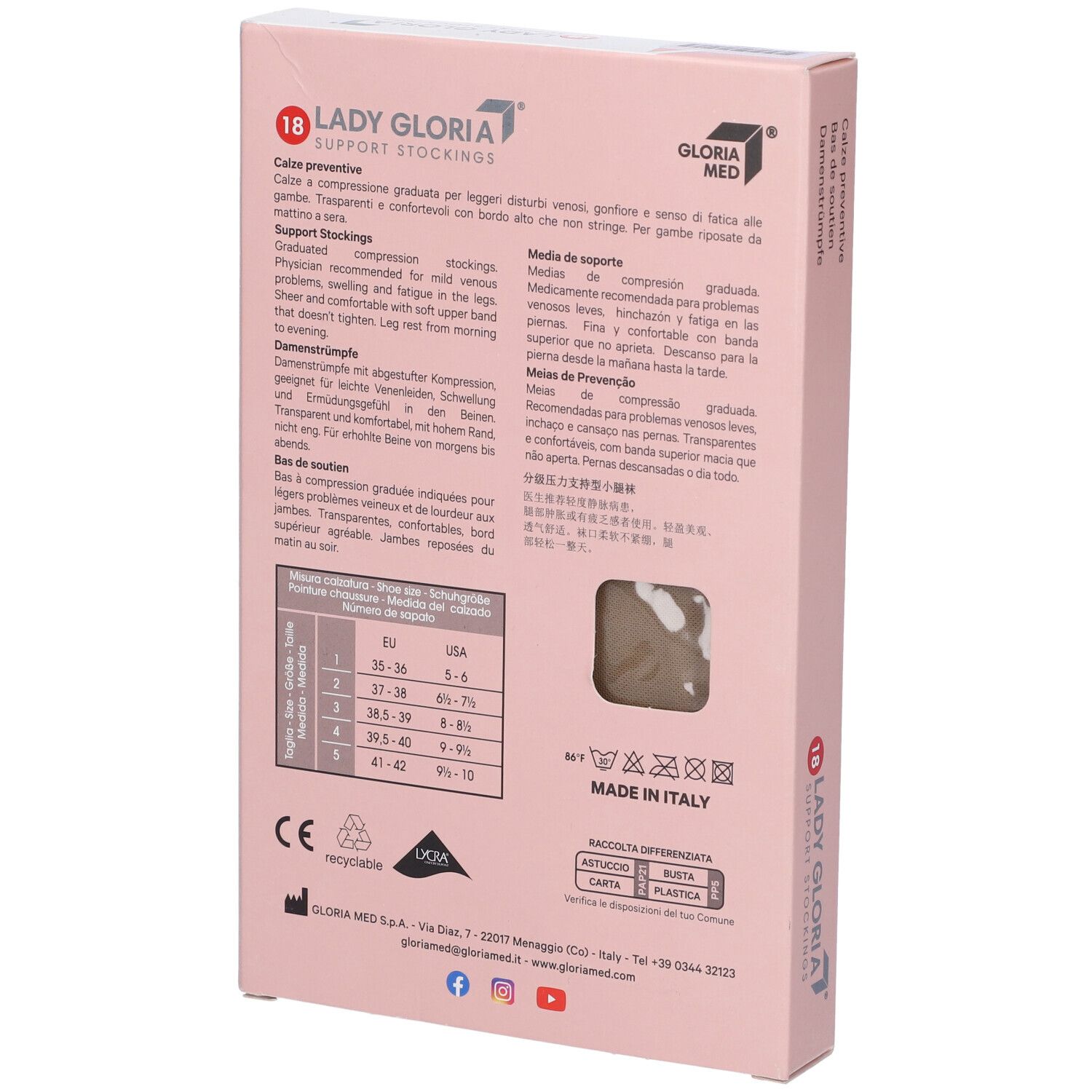Ladygloria-Stützstrümpfe, Verpackung. Rückseite mit Größentabelle und Produktinformationen. Rosa Hintergrund.