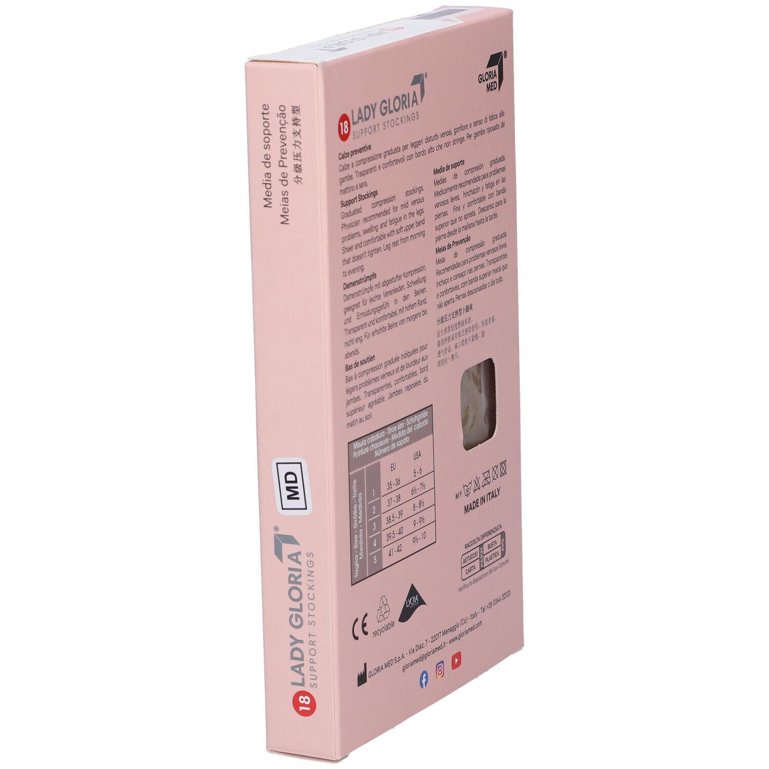 Ladygloria-Stützstrümpfe, Verpackung. Rückseite mit Größentabelle und Produktinformationen. Rosa Hintergrund.