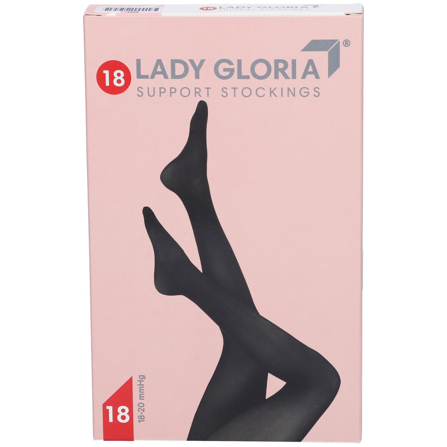 Ladygloria-Stützstrümpfe in Verpackung. Schwarze Strümpfe auf rosa Hintergrund. Aufdruck: 18-20 mmHg.