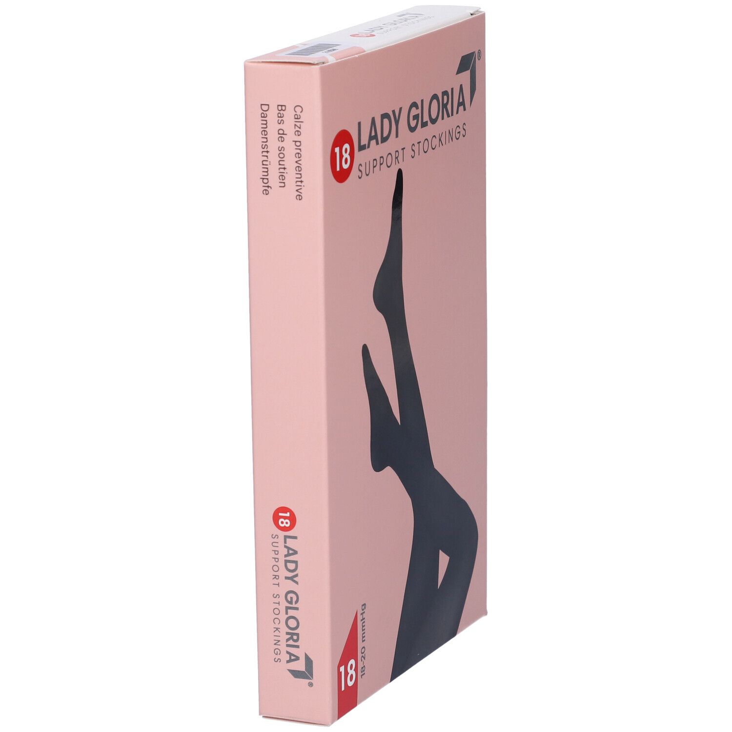 Seitenansicht der Verpackung. Marke: Ladygloria. Aufdruck: 18, Support Stockings. Text: Calze preventive.