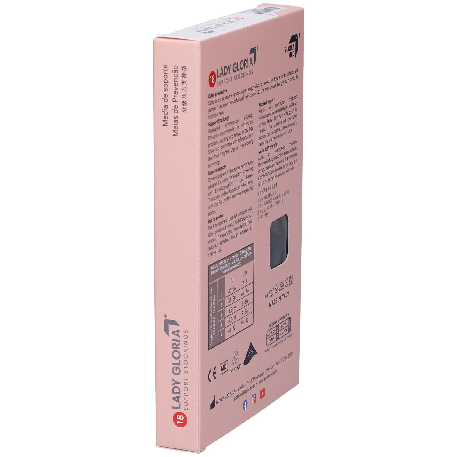 Seitenansicht der Verpackung. Marke: Ladygloria. Text in mehreren Sprachen. Größentabelle. Logo: CE.