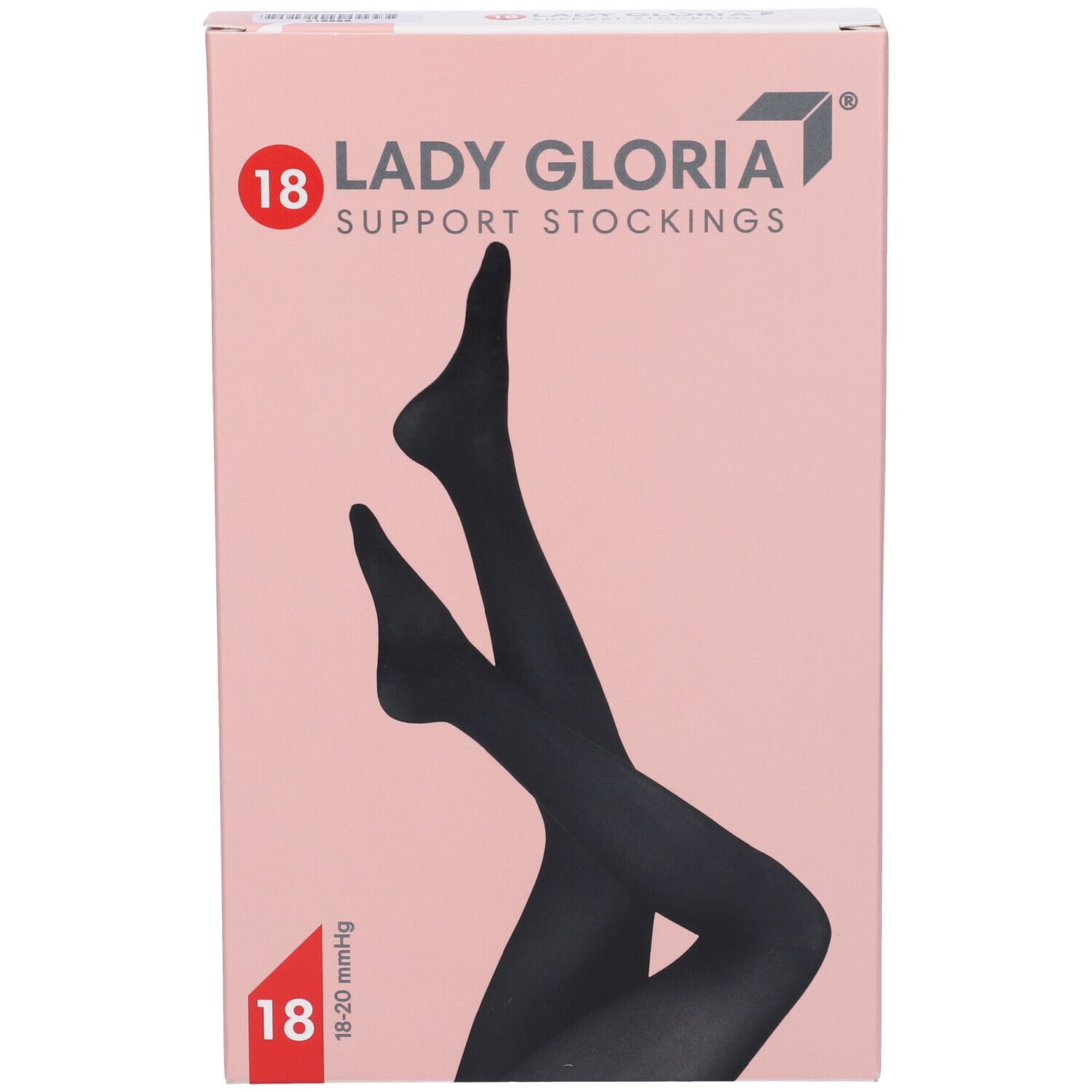 Verpackung mit schwarzer Strumpfhose. Marke: Ladygloria. Aufdruck: 18, Support Stockings. Darstellung von Beinen.