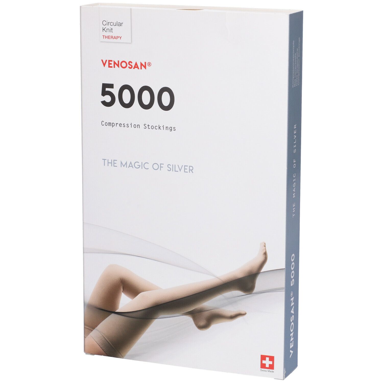 Calze a compressione Venosan 5000 in confezione. Scritte: Venosan, 5000, The Magic of Silver. Illustrazione: gambe con calze.