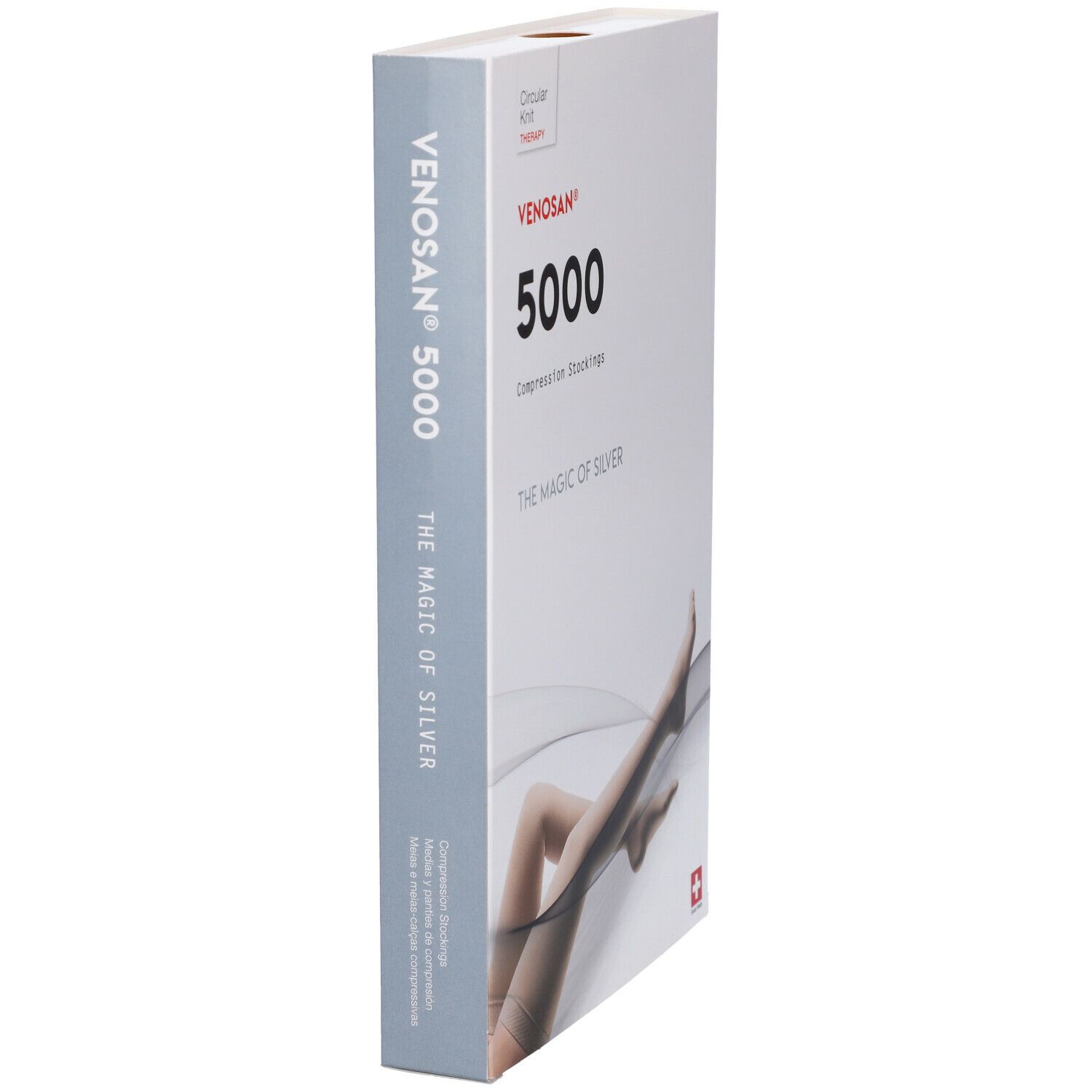 Calze a compressione Venosan 5000 in confezione. Scritte: Venosan, 5000, The Magic of Silver. Vista laterale della confezione.