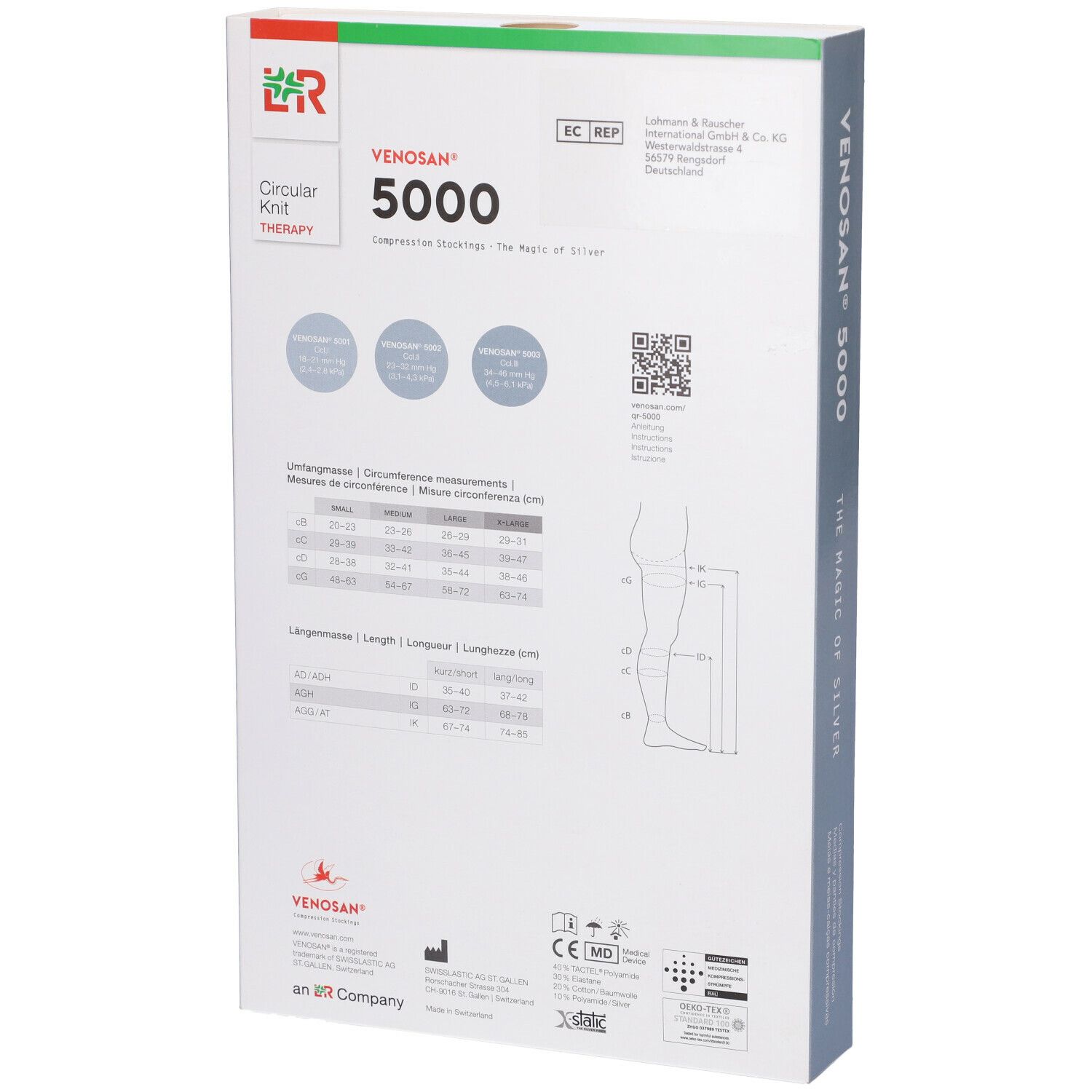 Retro della confezione di calze a compressione Venosan 5000. Scritte: Venosan, 5000. Tabelle misure e codice QR.