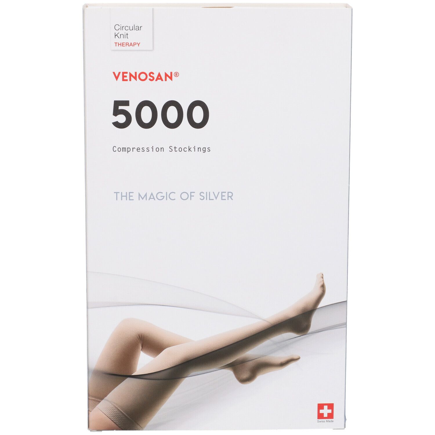 Calze a compressione Venosan 5000 in confezione. Scritte: Venosan, 5000, The Magic of Silver. Illustrazione: gambe con calze.