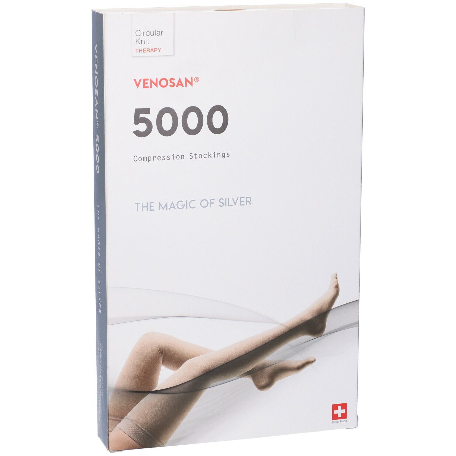 Calze a compressione Venosan 5000 in confezione. Scritte: Venosan, 5000, The Magic of Silver. Illustrazione: gambe con calze.
