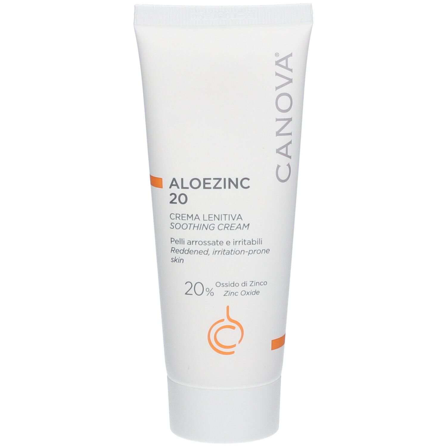 Tubo bianco con scritta ALOEZINC 20, Crema lenitiva, 20% ossido di zinco. Per pelli irritate. Marchio CANOVA.