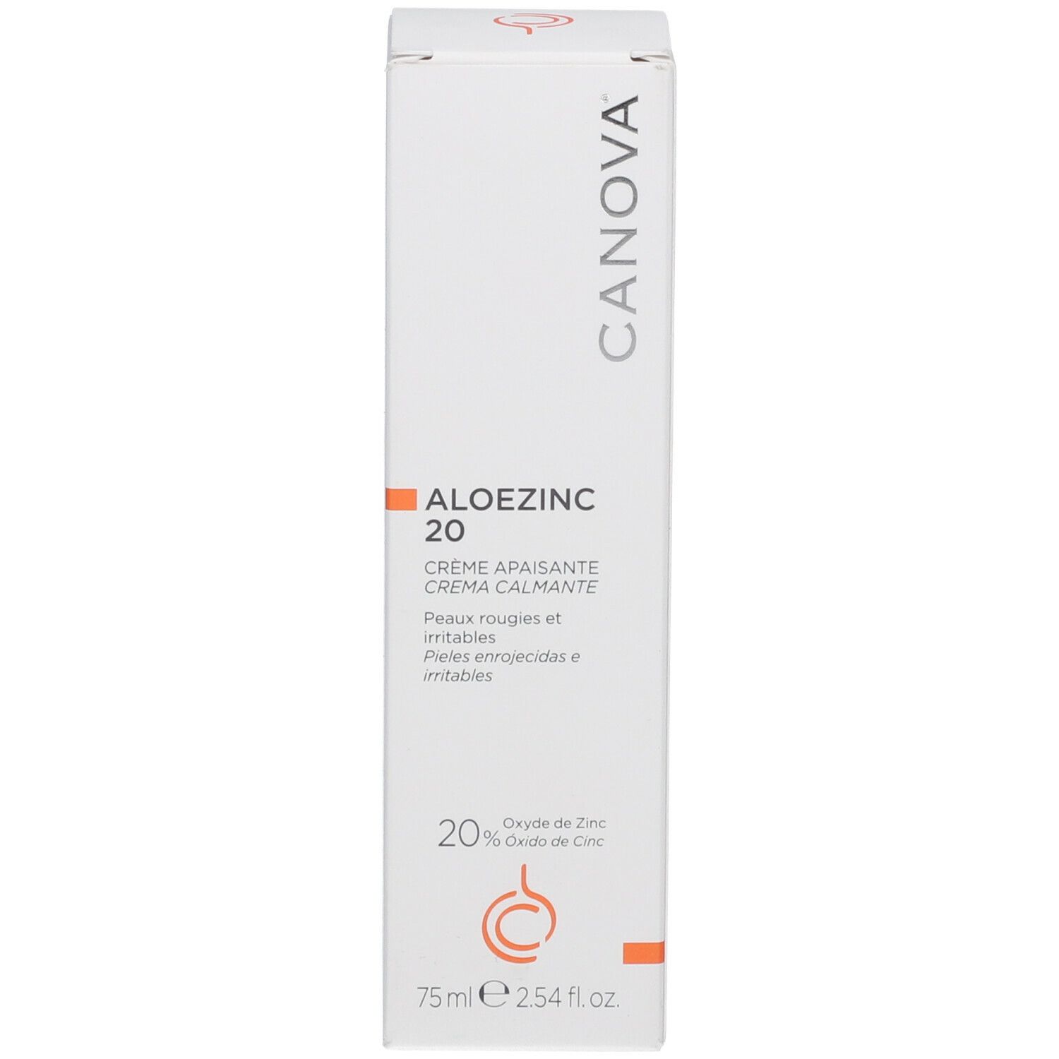 Scatola con scritta: CANOVA, ALOEZINC 20, Crema calmante, 20% ossido di zinco. Per pelli arrossate e irritate.