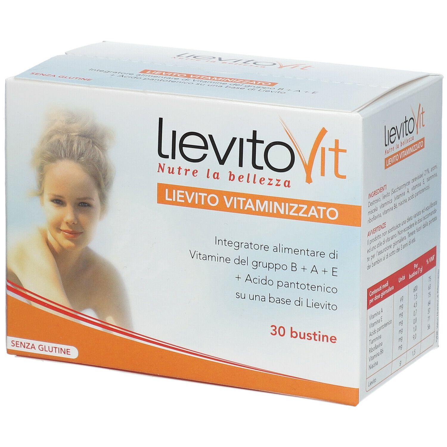 Scatola con nome prodotto e donna. Contiene 30 bustine. Senza glutine.