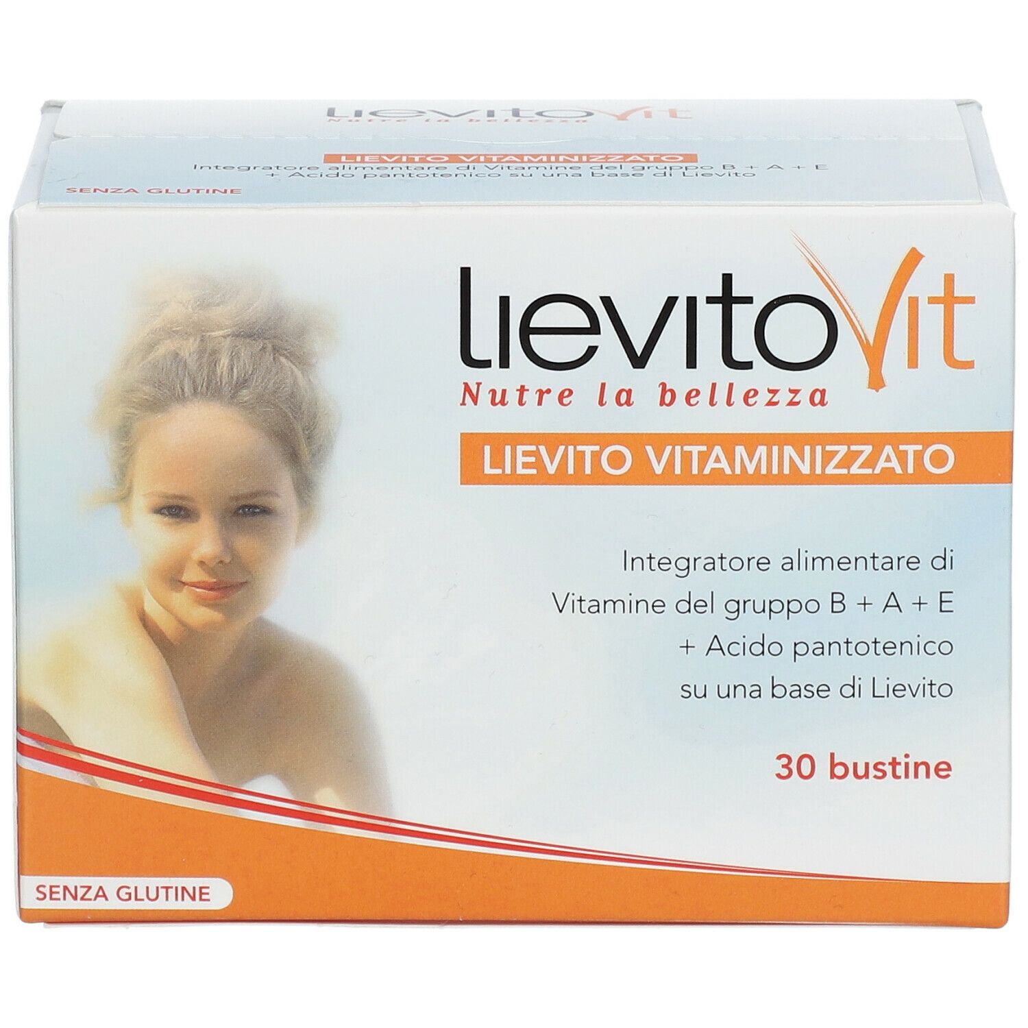 Scatola con nome prodotto e donna. Contiene 30 bustine. Senza glutine.