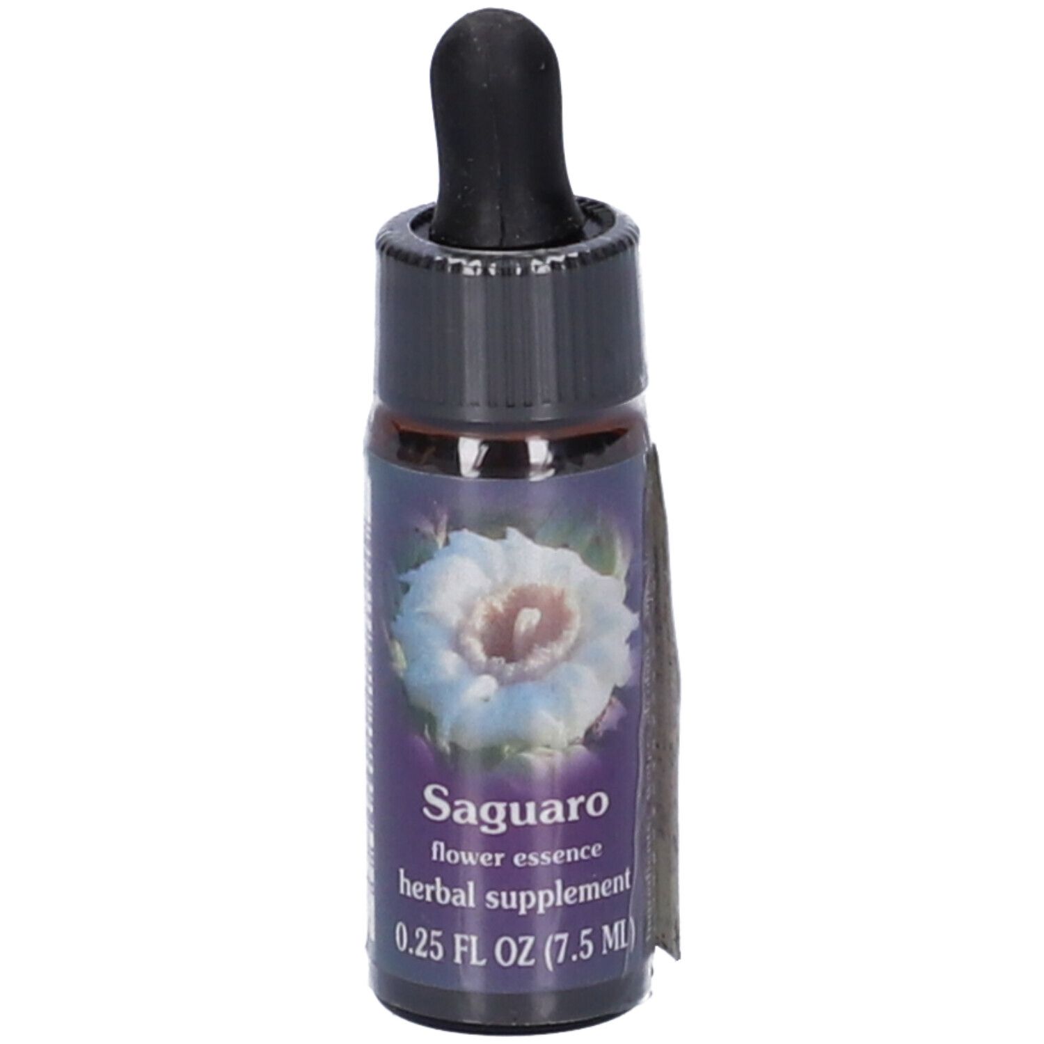 Flacone di vetro marrone con tappo nero e pipetta. Etichetta con essenza di fiori di Saguaro e motivo floreale.