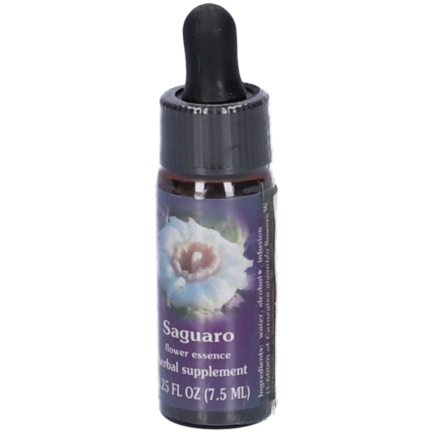 Flacone di vetro marrone con tappo nero e pipetta. Etichetta con essenza di fiori di Saguaro e motivo floreale.