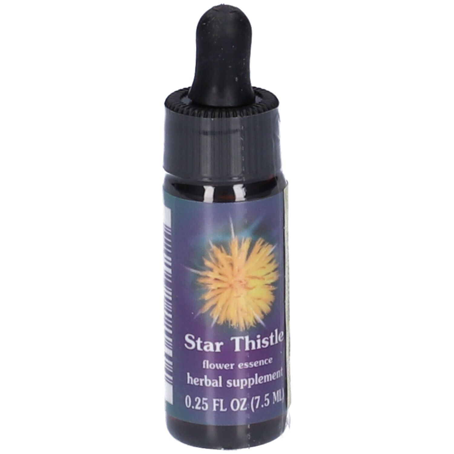 Flacone piccolo con tappo nero e contagocce. Scritta: Star Thistle, flower essence, herbal supplement, 0.25 FL OZ (7.5 mL).