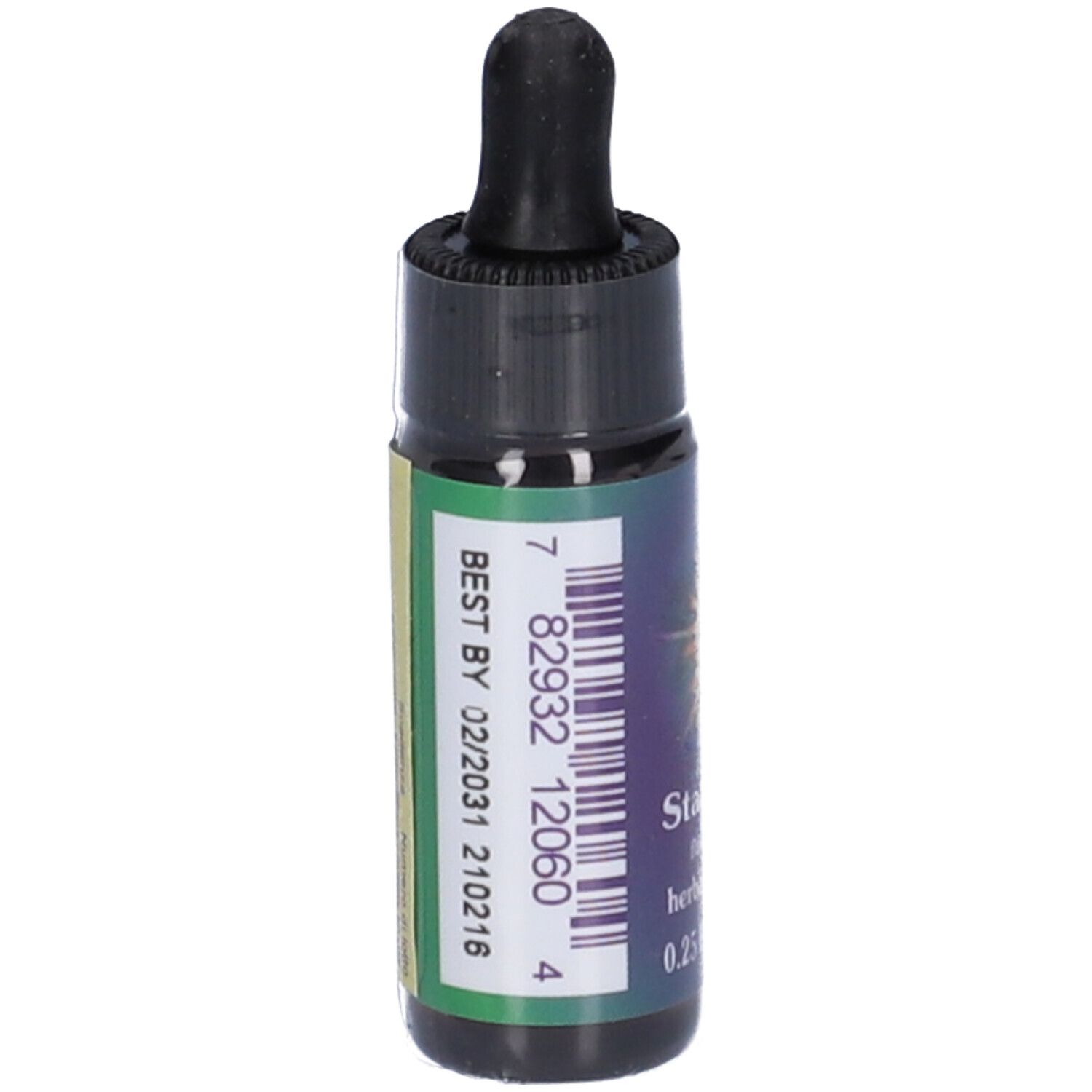 Flacone piccolo con tappo nero e contagocce. Scritta: Star Thistle, flower essence, herbal supplement, 0.25 FL OZ (7.5 mL). Da consumarsi preferibilmente entro 02/2021.