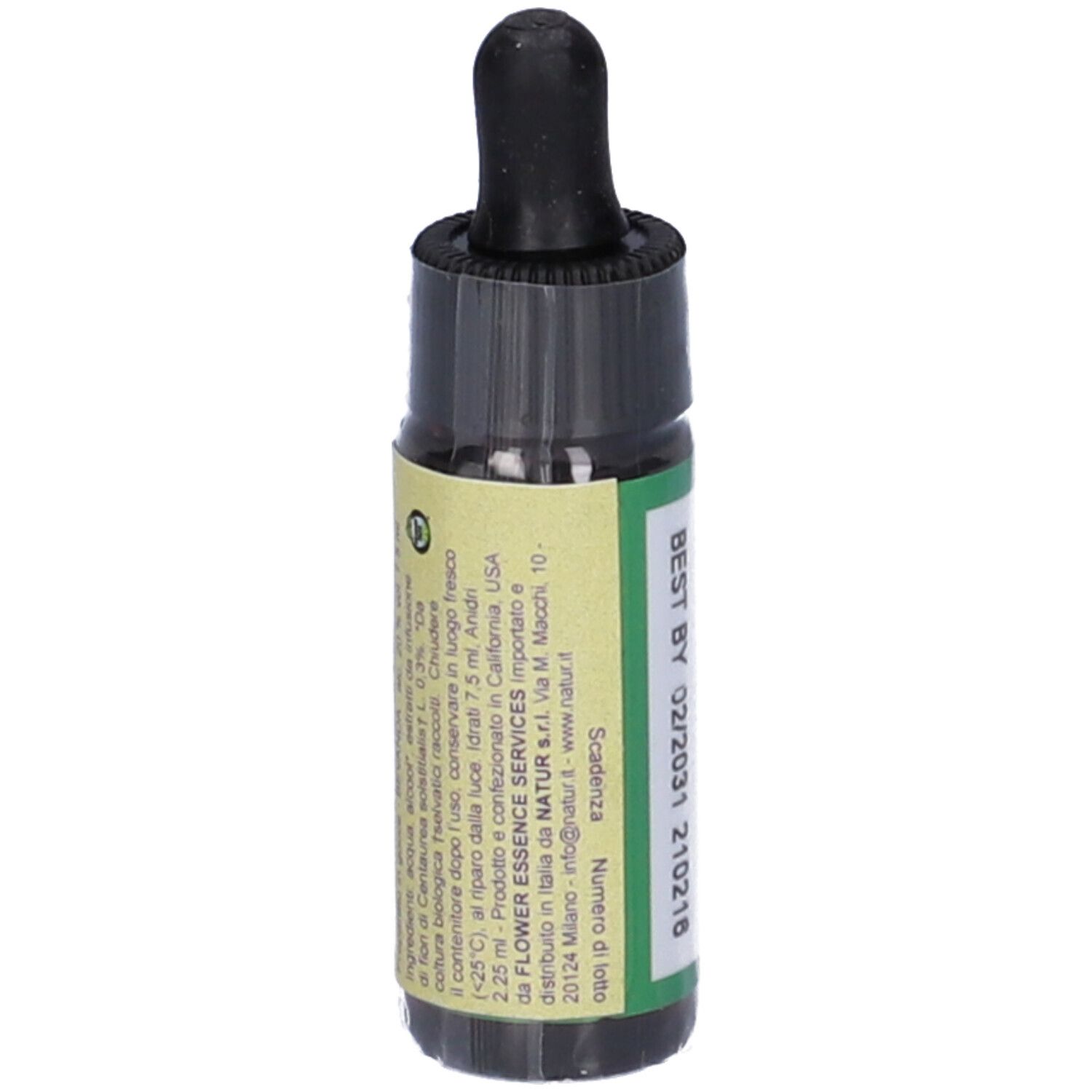 Flacone piccolo con tappo nero e contagocce. Scritta: Star Thistle, flower essence, herbal supplement, 0.25 FL OZ (7.5 mL). Testo in italiano.