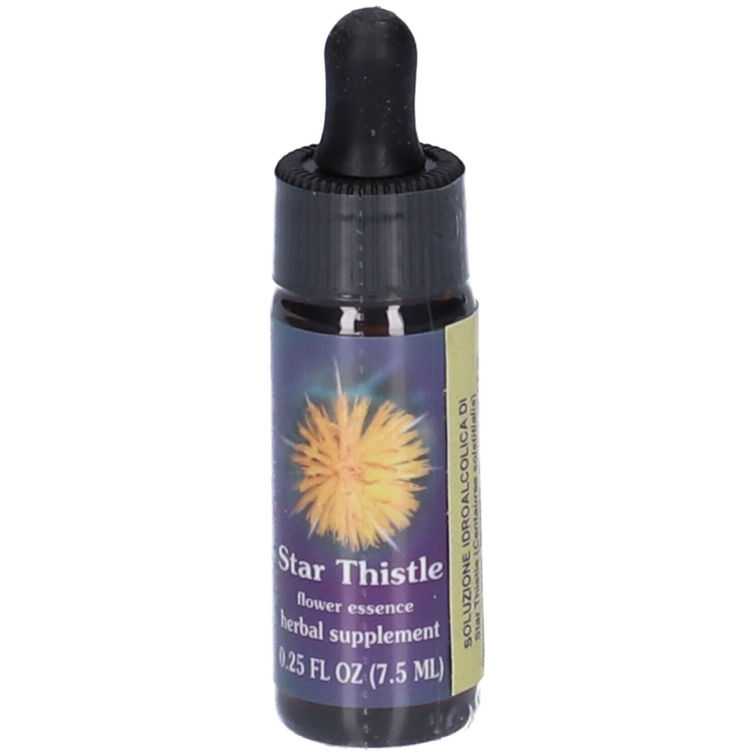 Flacone piccolo con tappo nero e contagocce. Scritta: Star Thistle, flower essence, herbal supplement, 0.25 FL OZ (7.5 mL). Testo in italiano.