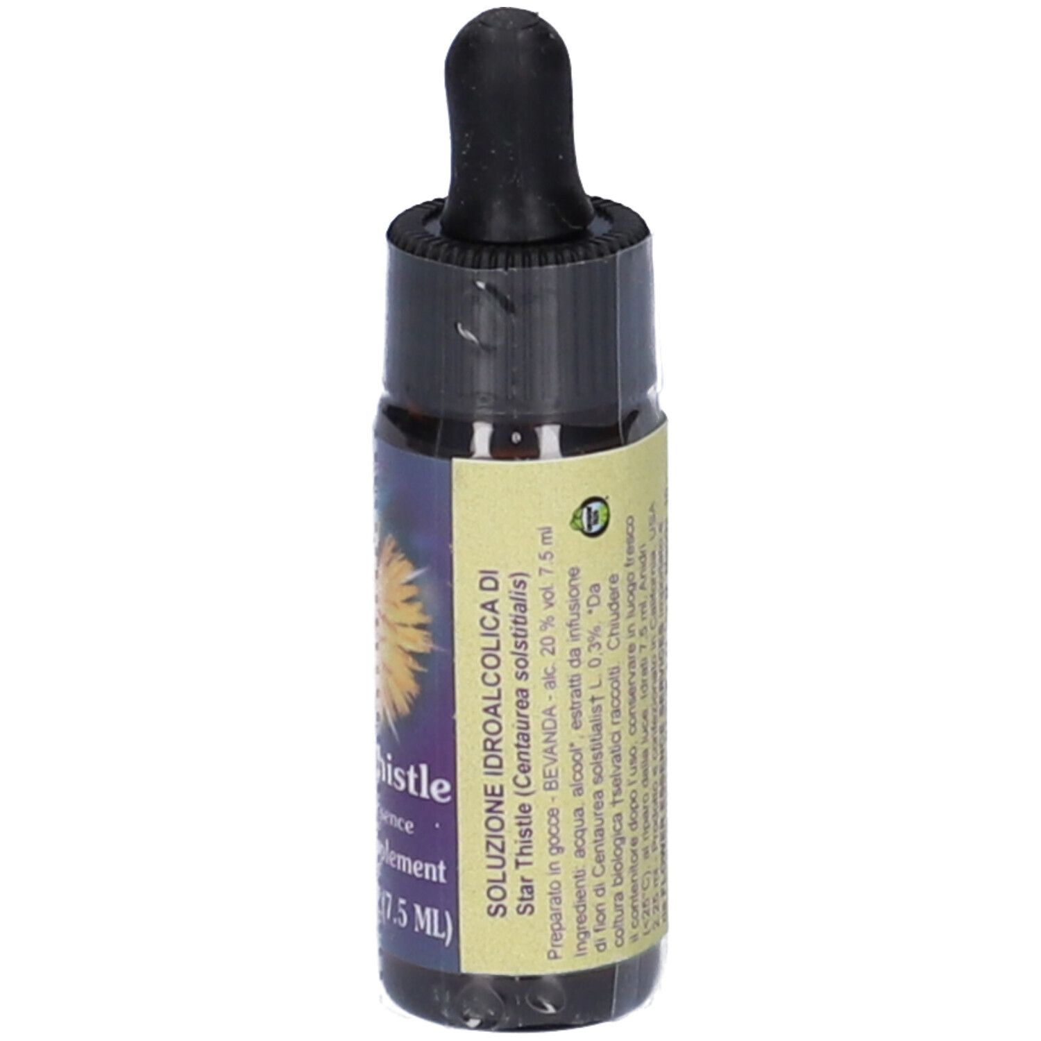 Flacone piccolo con tappo nero e contagocce. Scritta: Star Thistle, flower essence, herbal supplement, 0.25 FL OZ (7.5 mL). Testo in italiano.