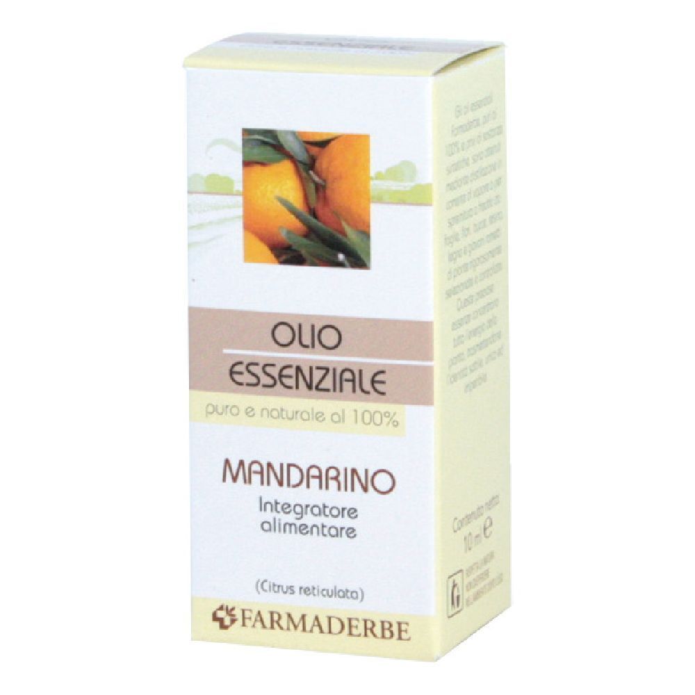 Scatola di Olio Essenziale Mandarino. Immagine di mandarini. Testo: Olio Essenziale, Mandarino, Integratore alimentare.