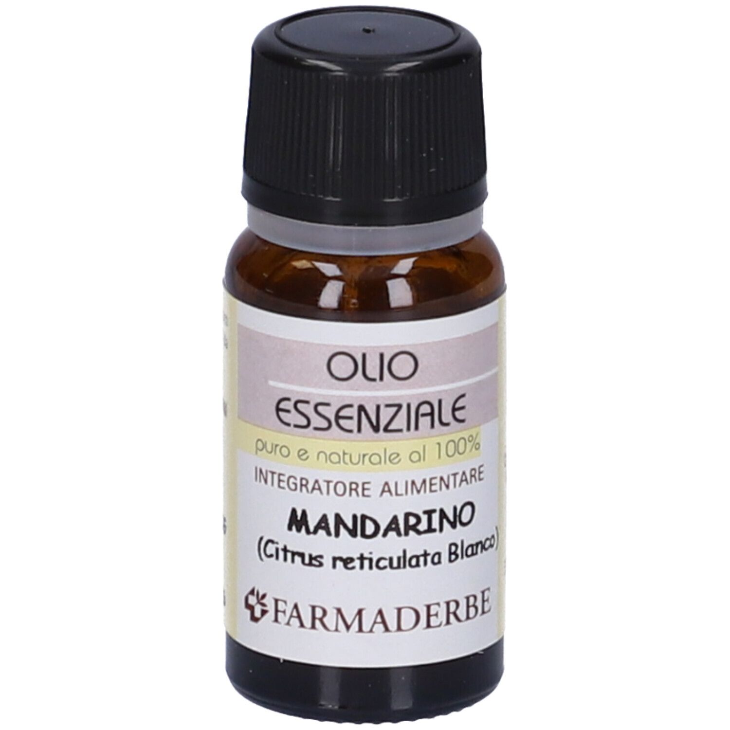 Flacone di vetro marrone con tappo nero. Etichetta con testo: Olio Essenziale, Mandarino, Integratore alimentare.